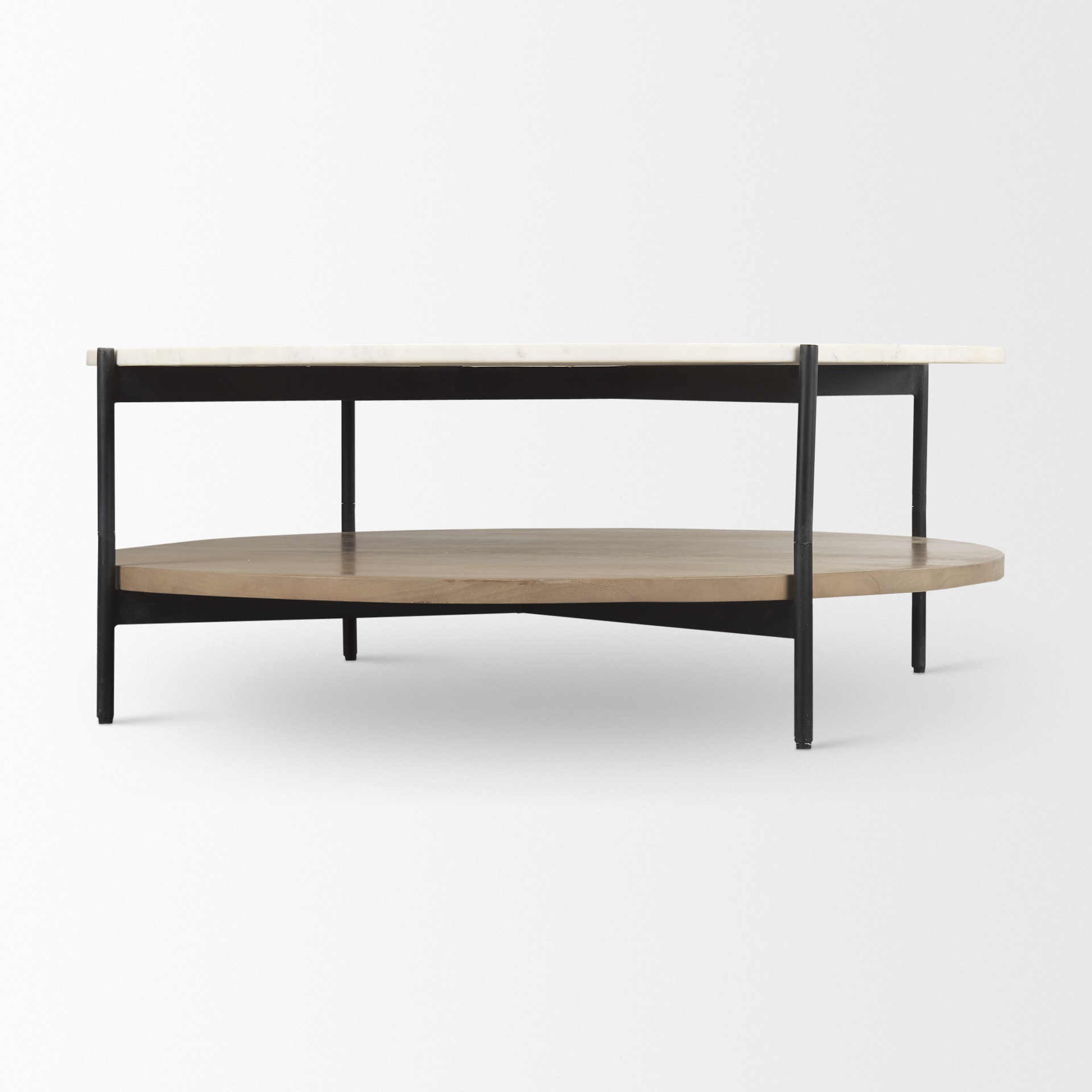 larkin marble top w/ brown wood shelf round coffee table