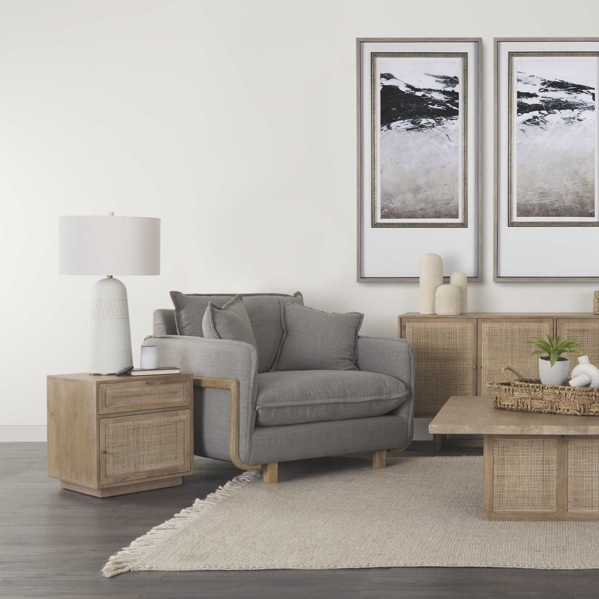 roy ii flint gray upholstered and brown wood frame arm chair