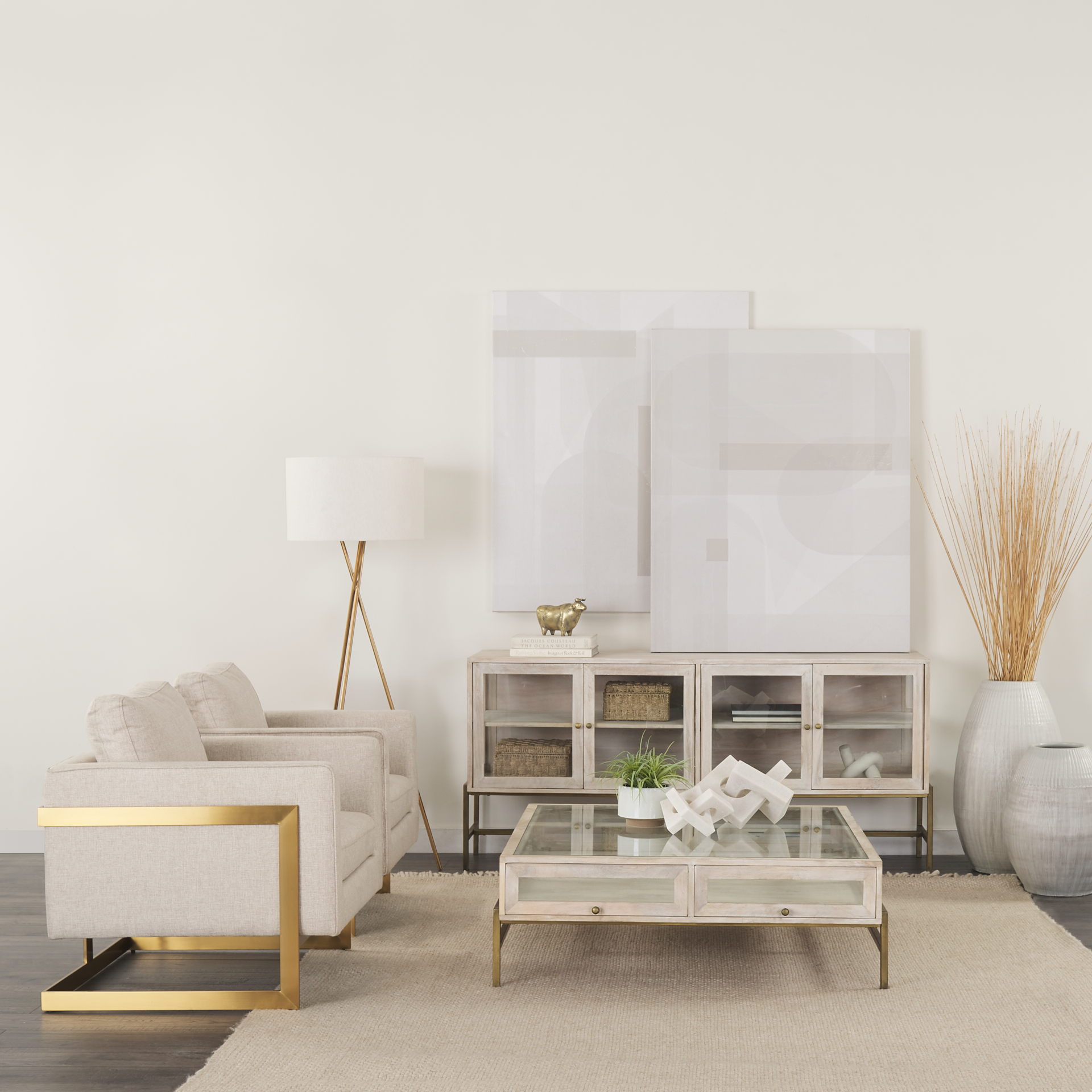 arelius 42l x 42w x 15h white wood w/ gold metal base square display coffee table