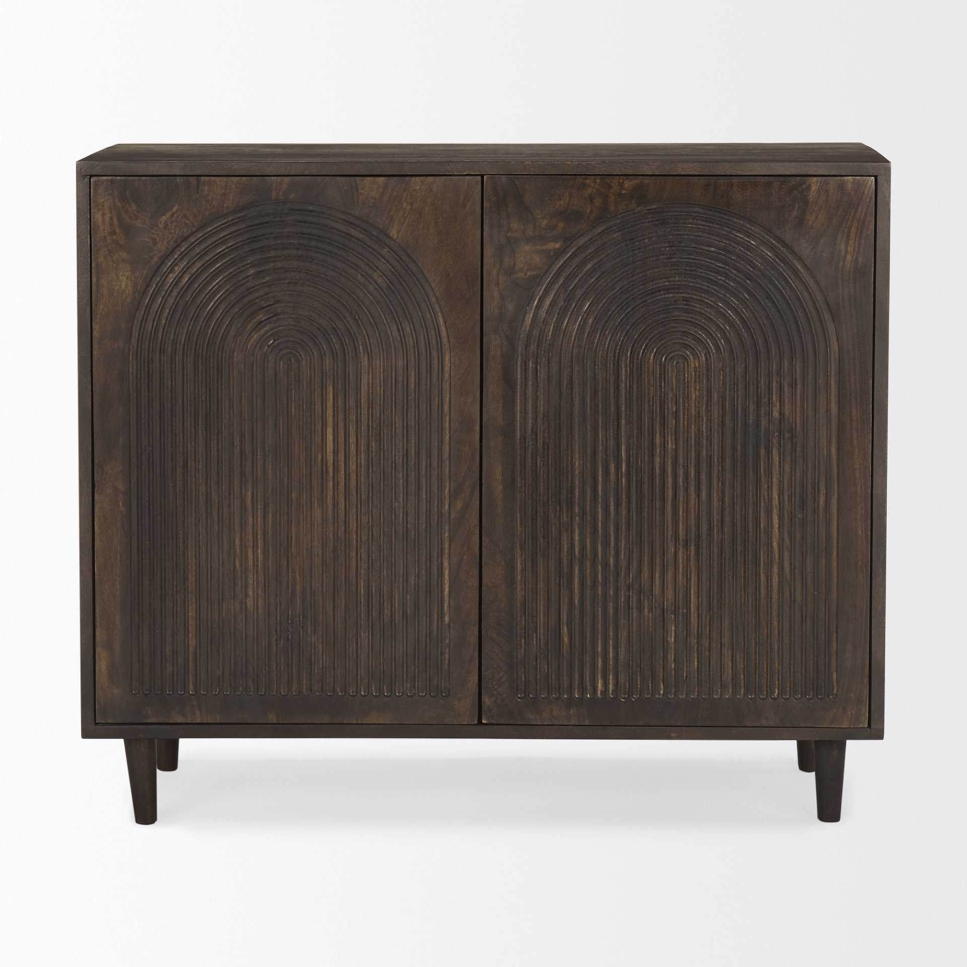 tucker dark brown wood w/ carved arch pattern 2 door cabinet