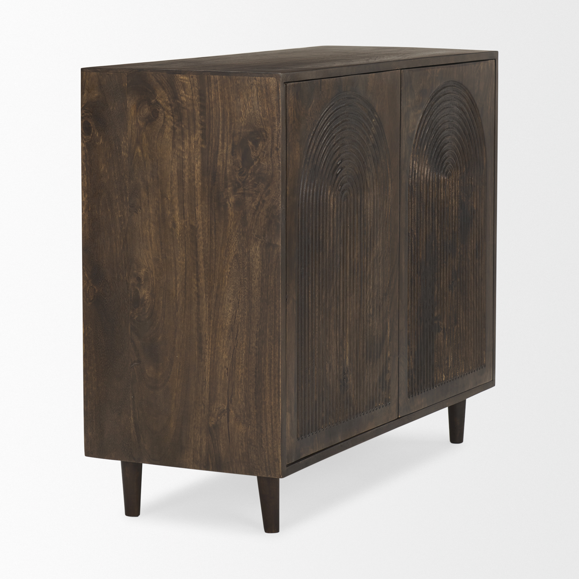 tucker dark brown wood w/ carved arch pattern 2 door cabinet