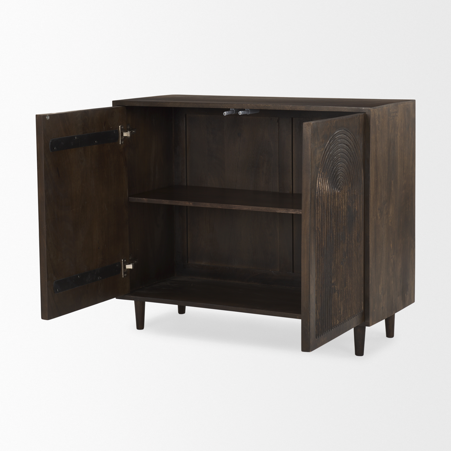 tucker dark brown wood w/ carved arch pattern 2 door cabinet