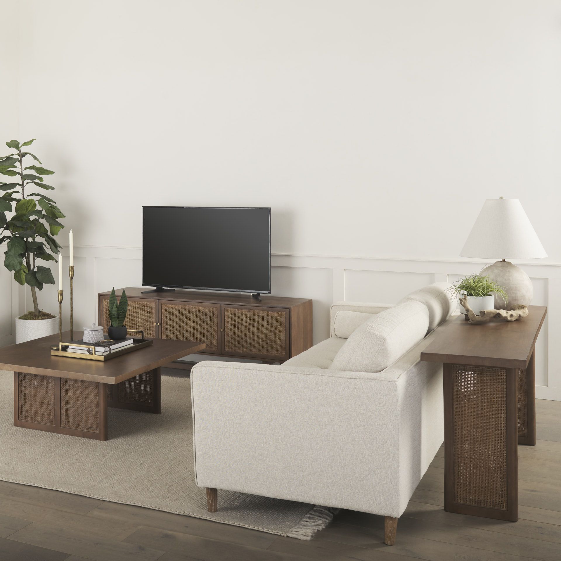 grier 65.0l x 18.75w x 23.0h medium brown solid wood w/cane media console