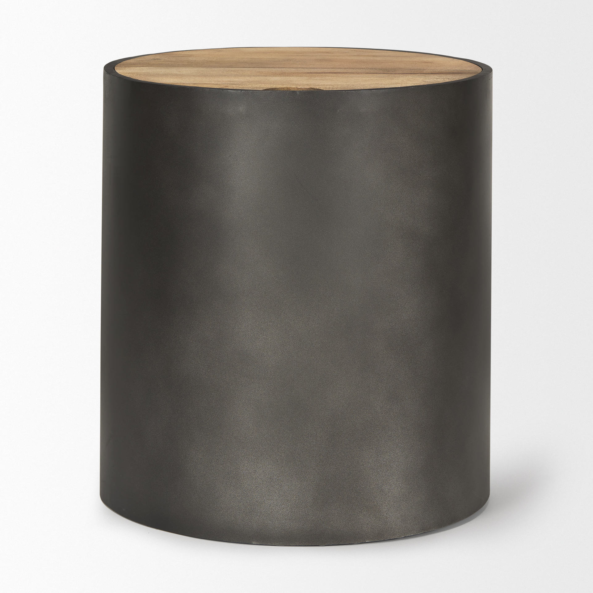 eclipse gunmetal gray drum base w/ brown wood top end/side table