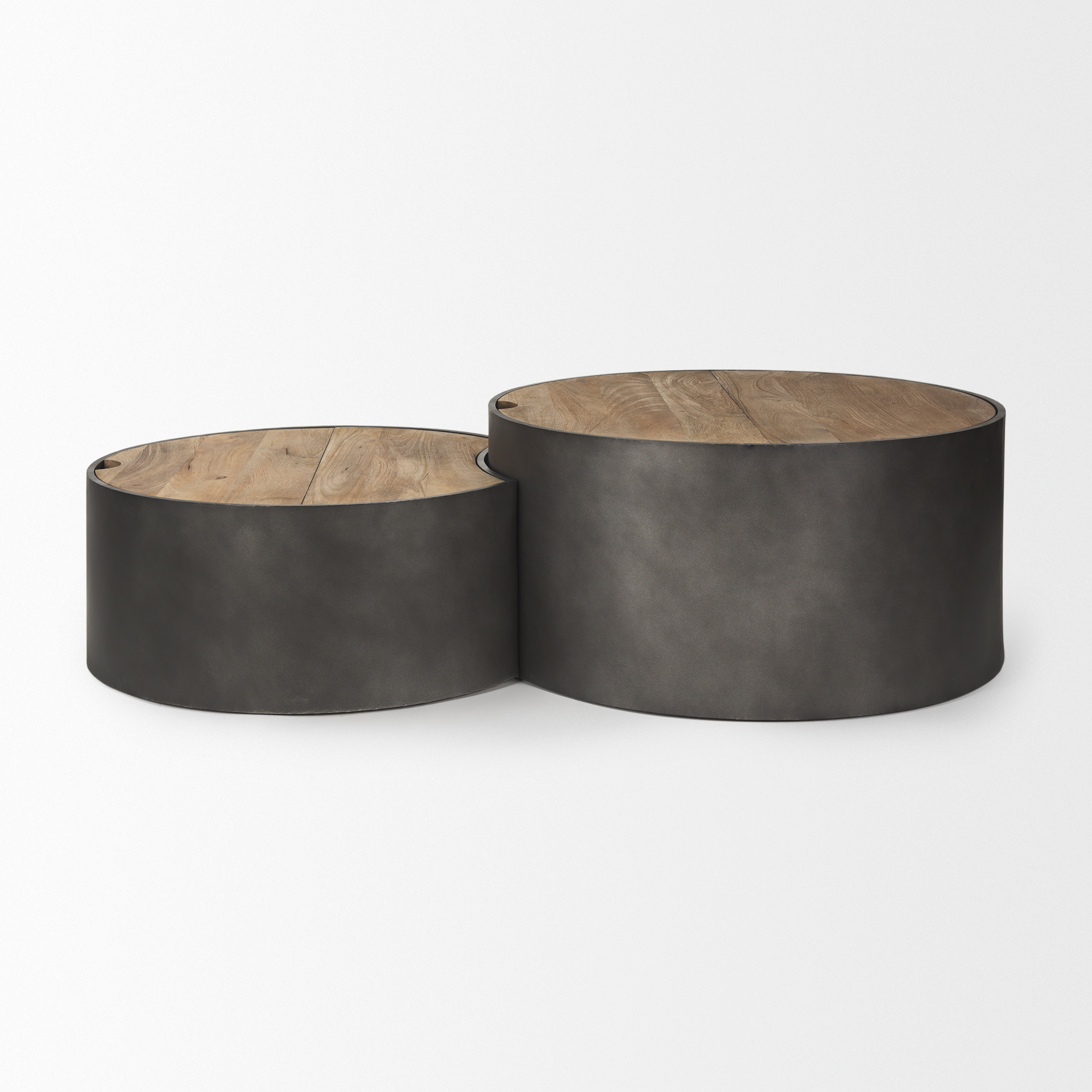 eclipse gunmetal gray drum base w/ brown wood top nested coffee table