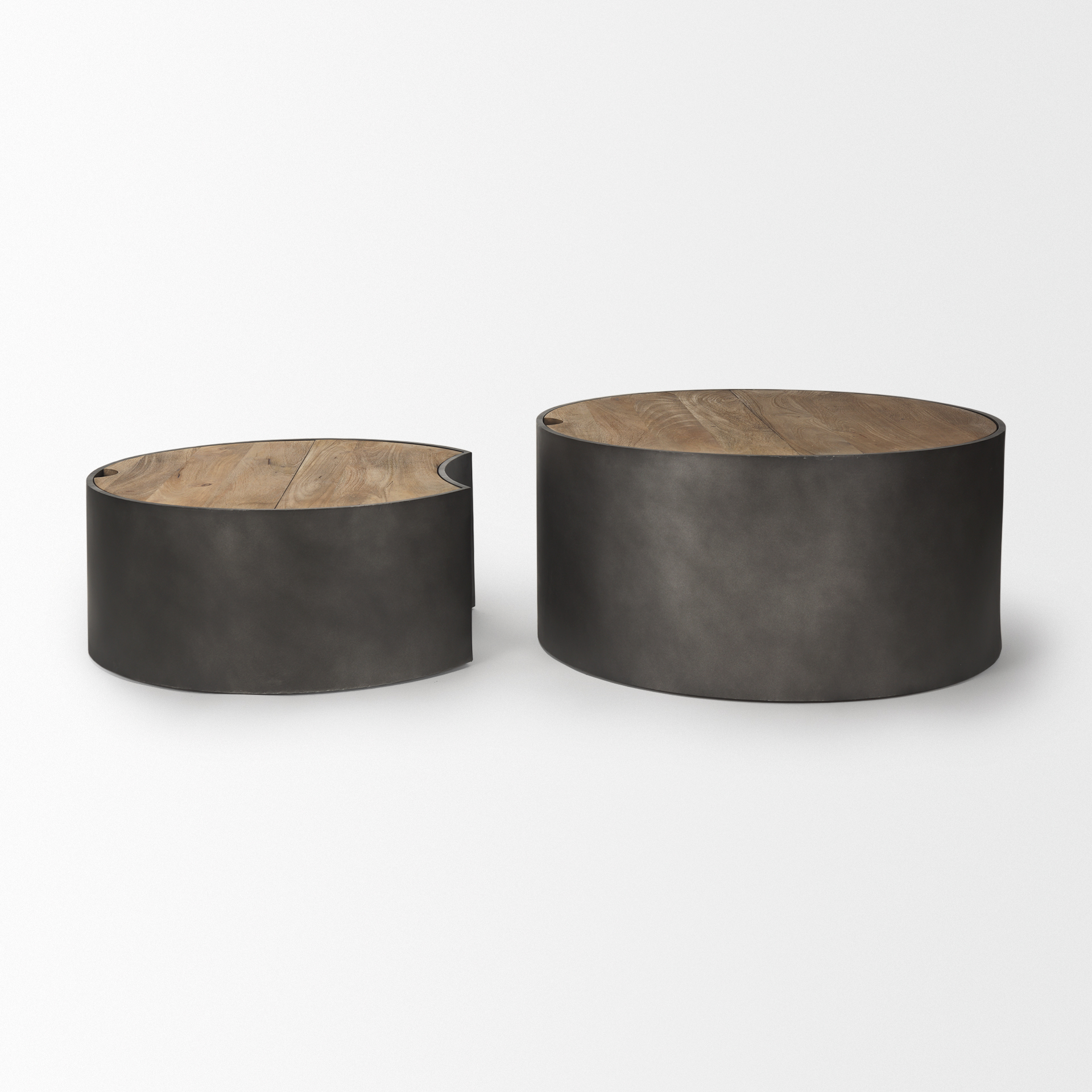 eclipse gunmetal gray drum base w/ brown wood top nested coffee table