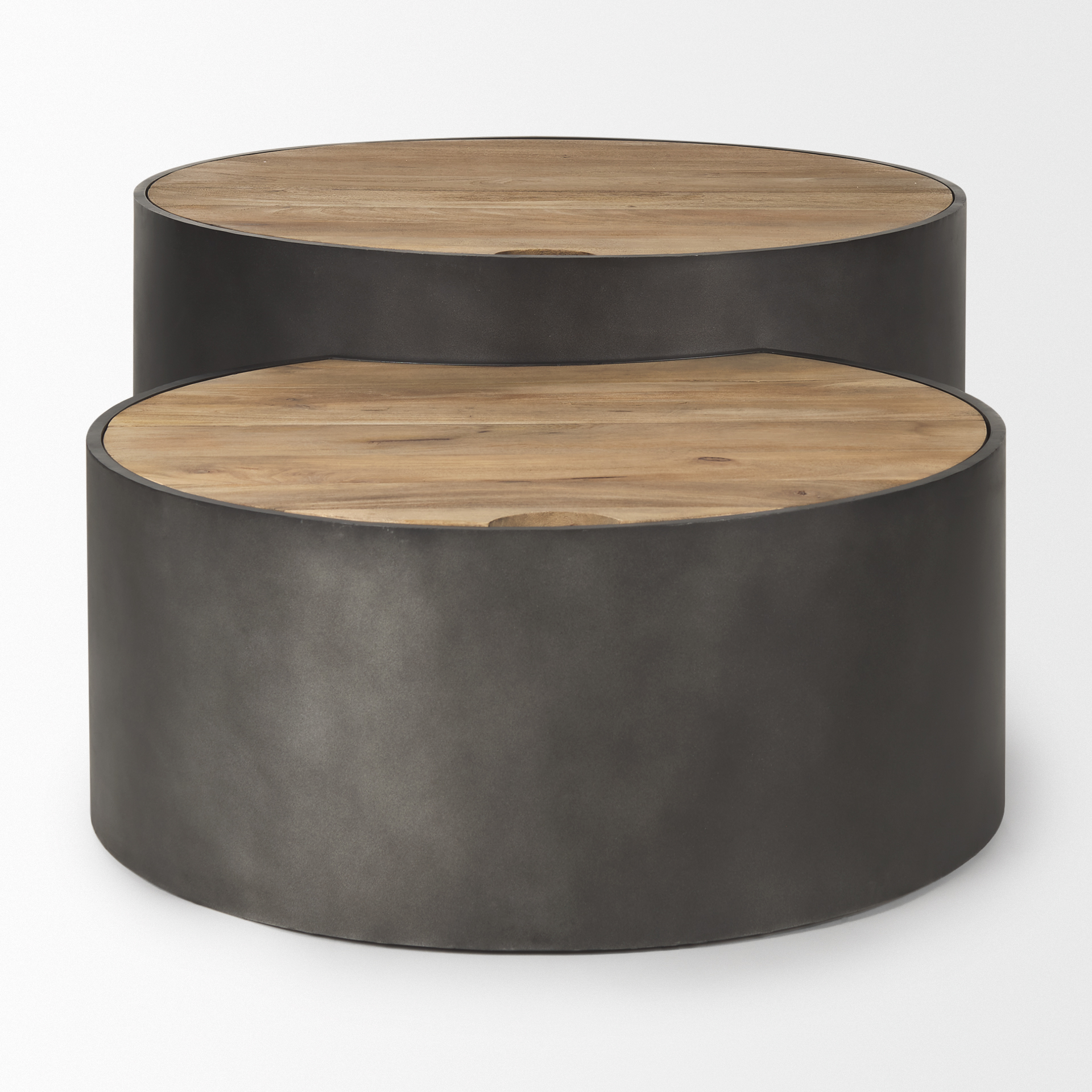 eclipse gunmetal gray drum base w/ brown wood top nested coffee table