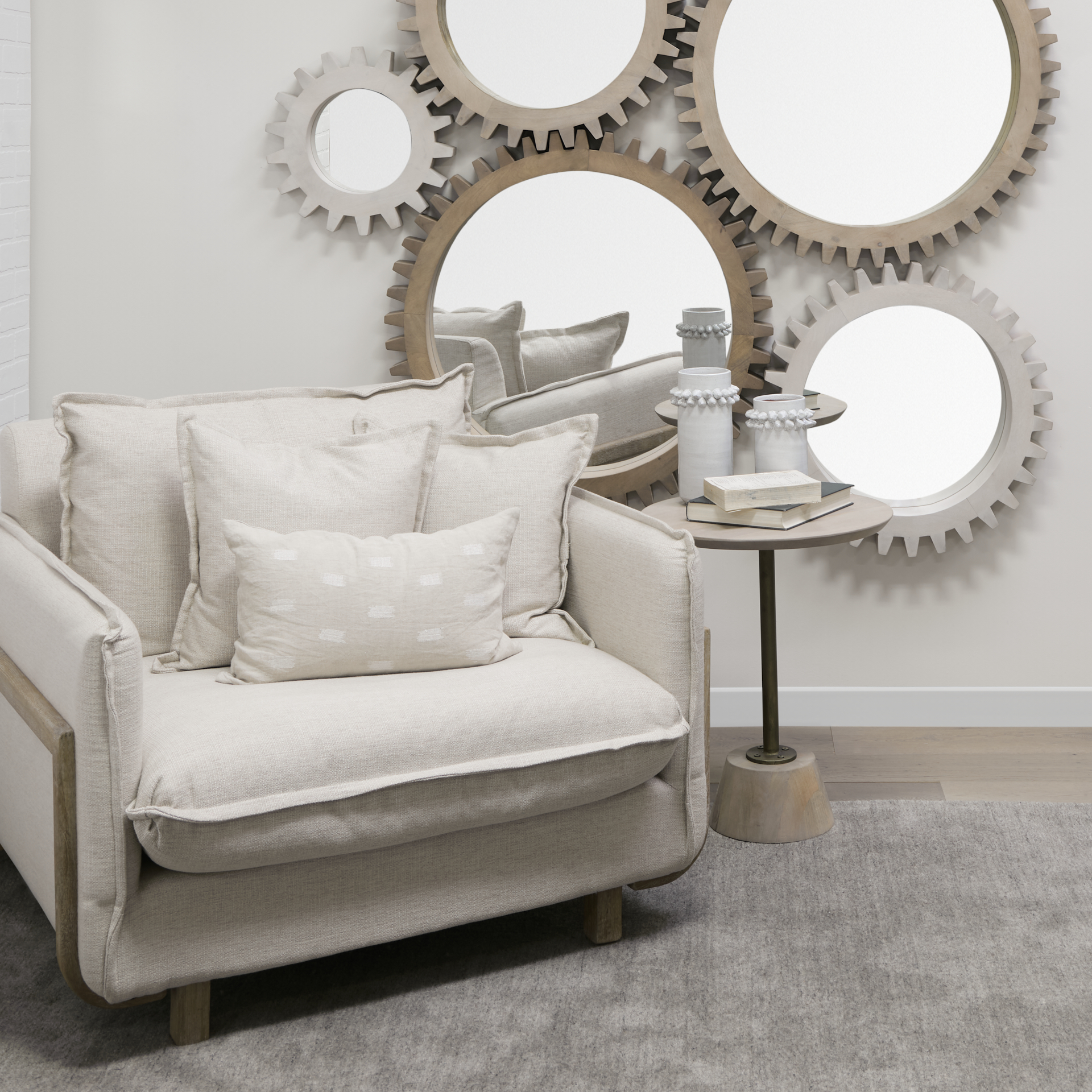 roy ii beige upholstered and brown wood frame arm chair