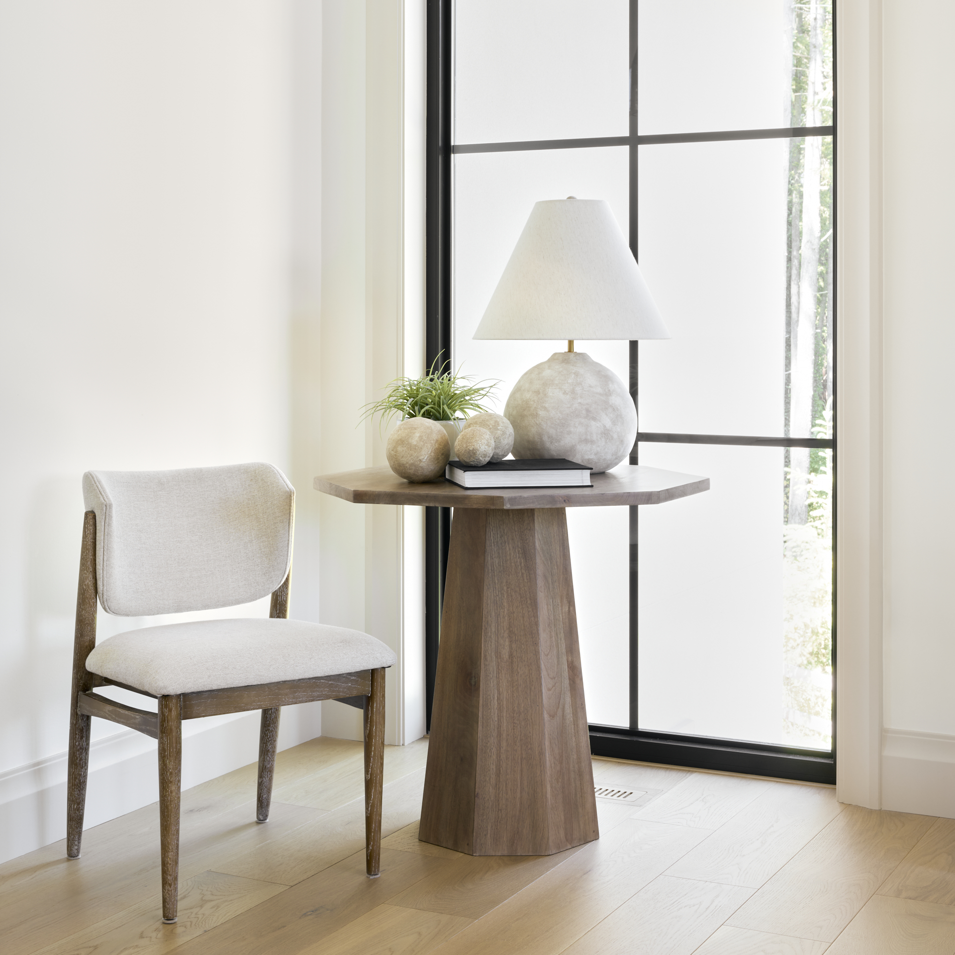 cline cream fabric upholstered and light brown wood dining chair