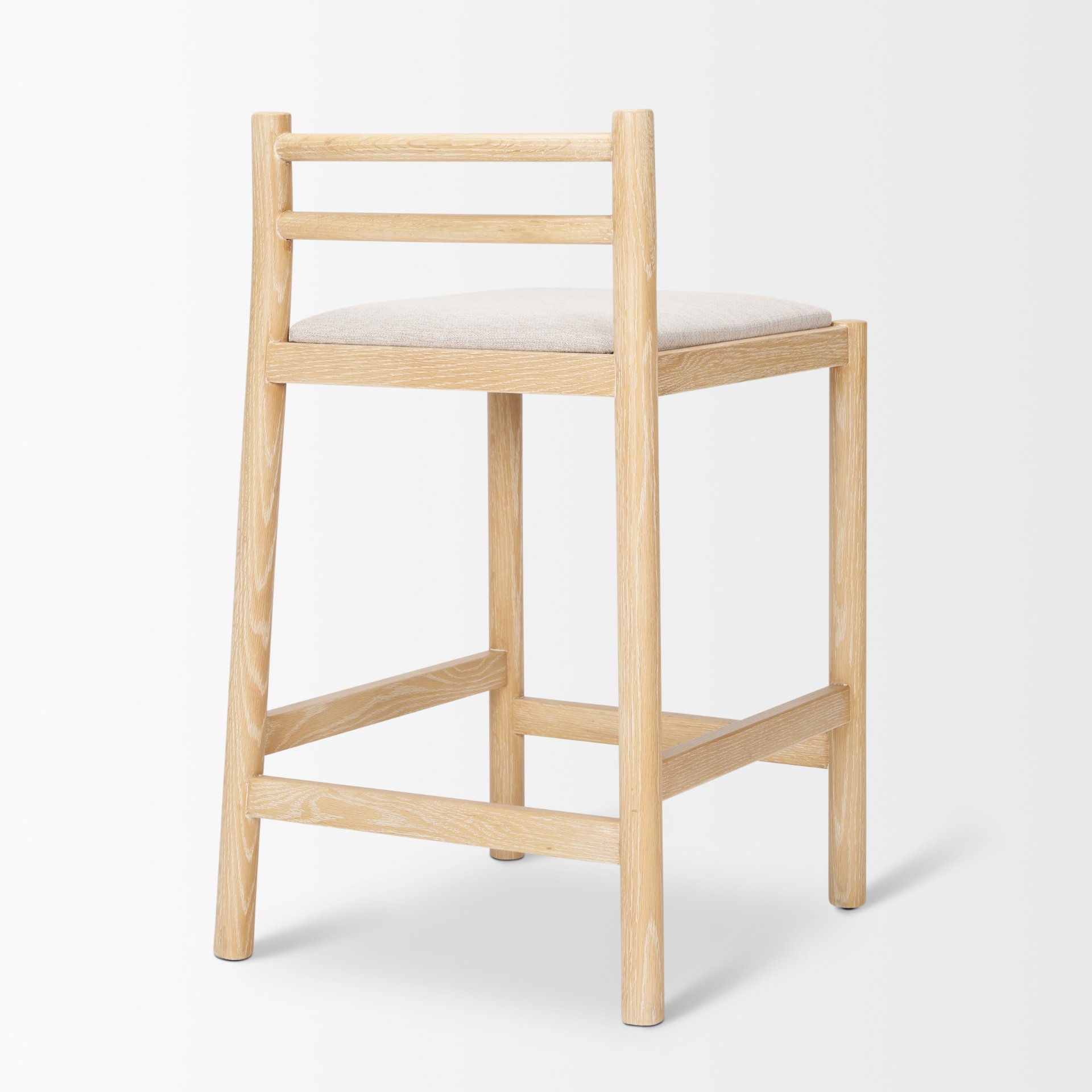 sam counter stool w/ light brown wood frame and beige upholstered seat