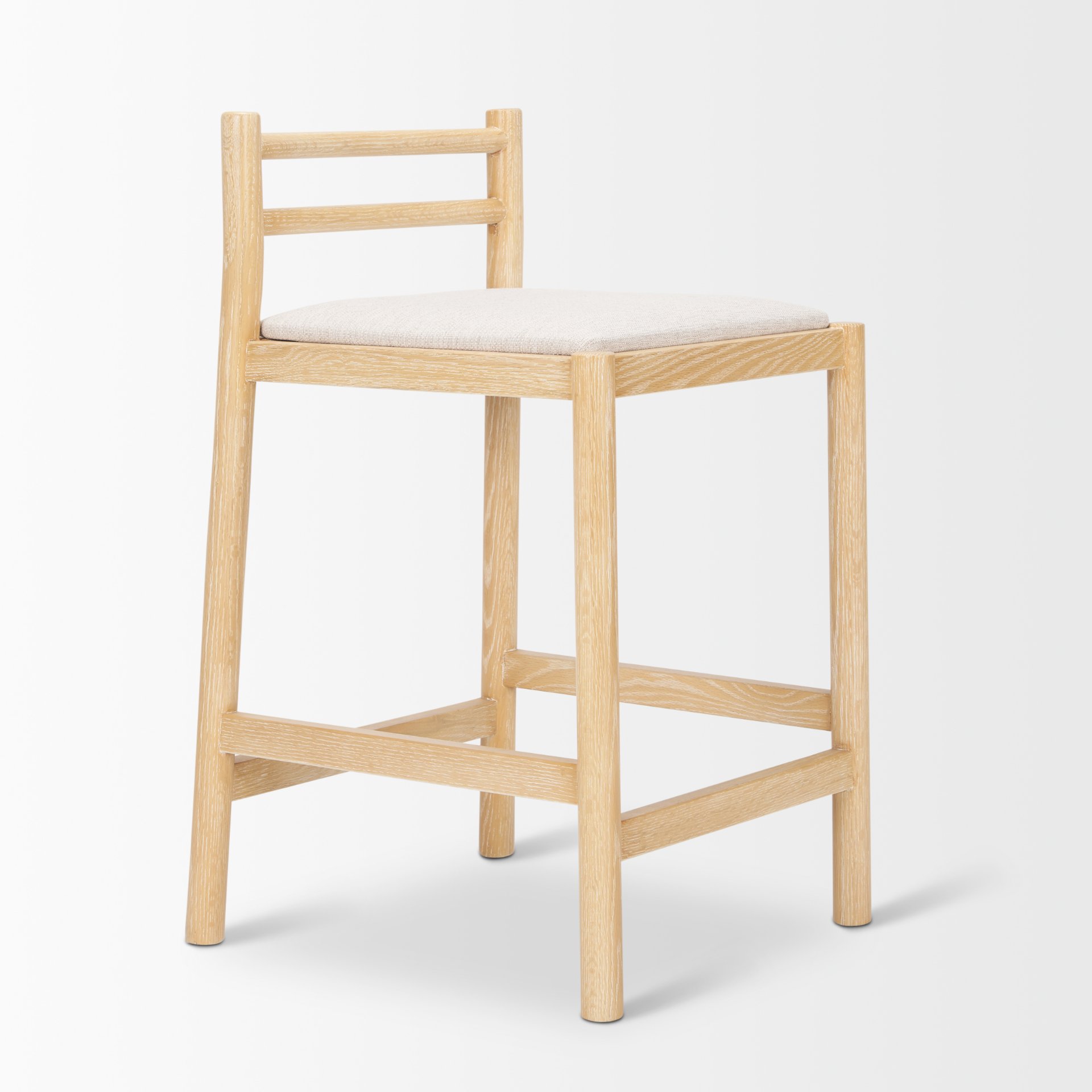 sam counter stool w/ light brown wood frame and beige upholstered seat