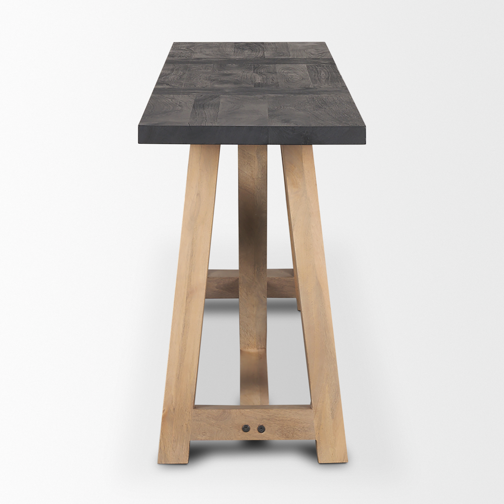 rialto two-toned black and brown wood angular leg console table