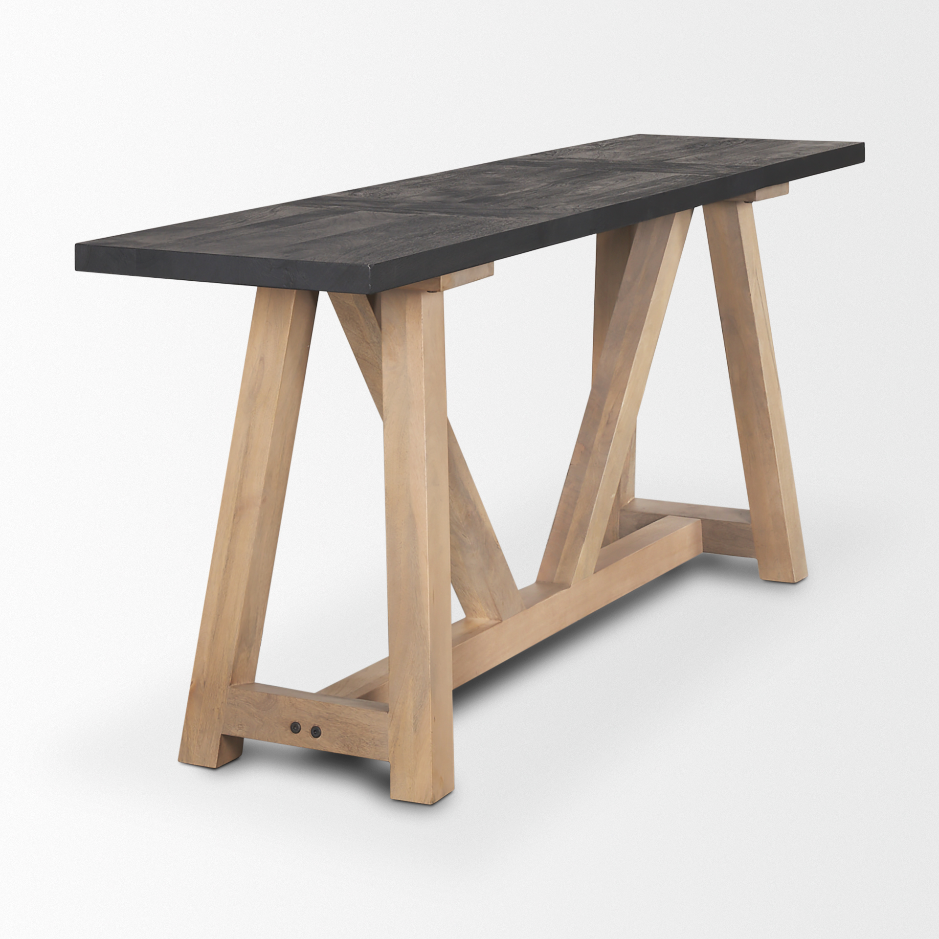 rialto two-toned black and brown wood angular leg console table
