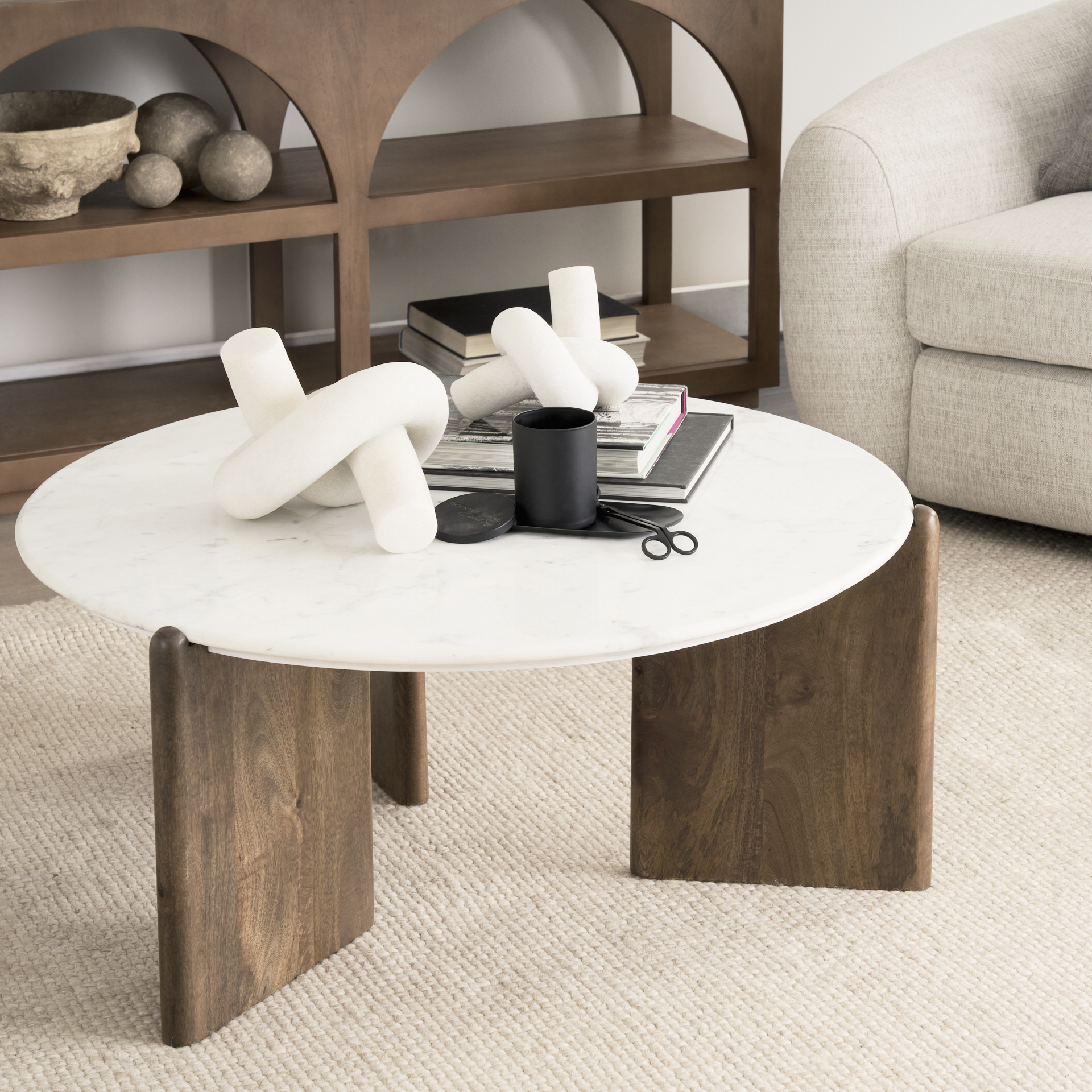 rumer dark brown wood w/ white marble coffee table