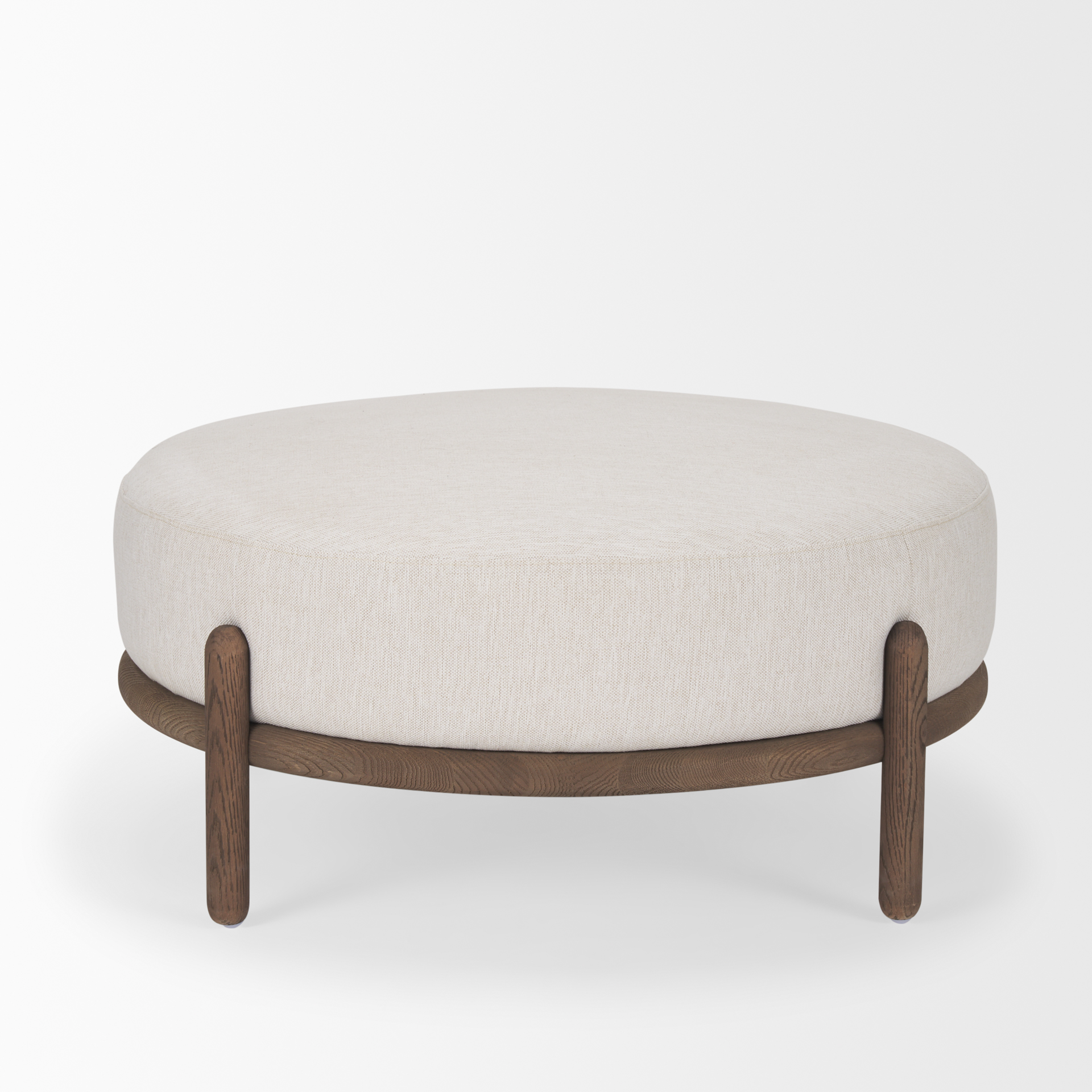 gwynn oatmeal fabric w/ dark brown wood ottoman