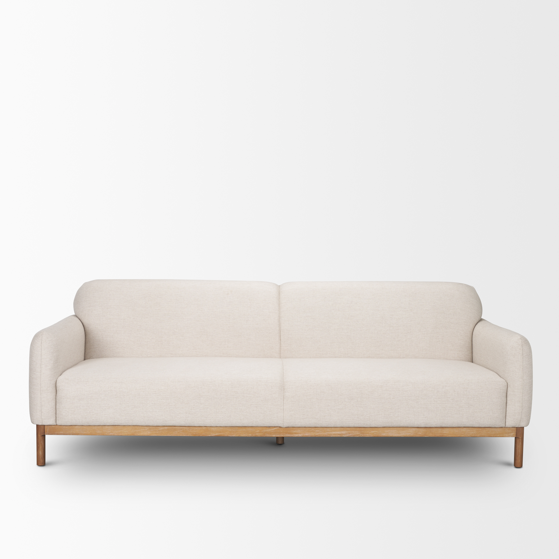 hale sofa w/ medium brown wood and oatmeal fabric