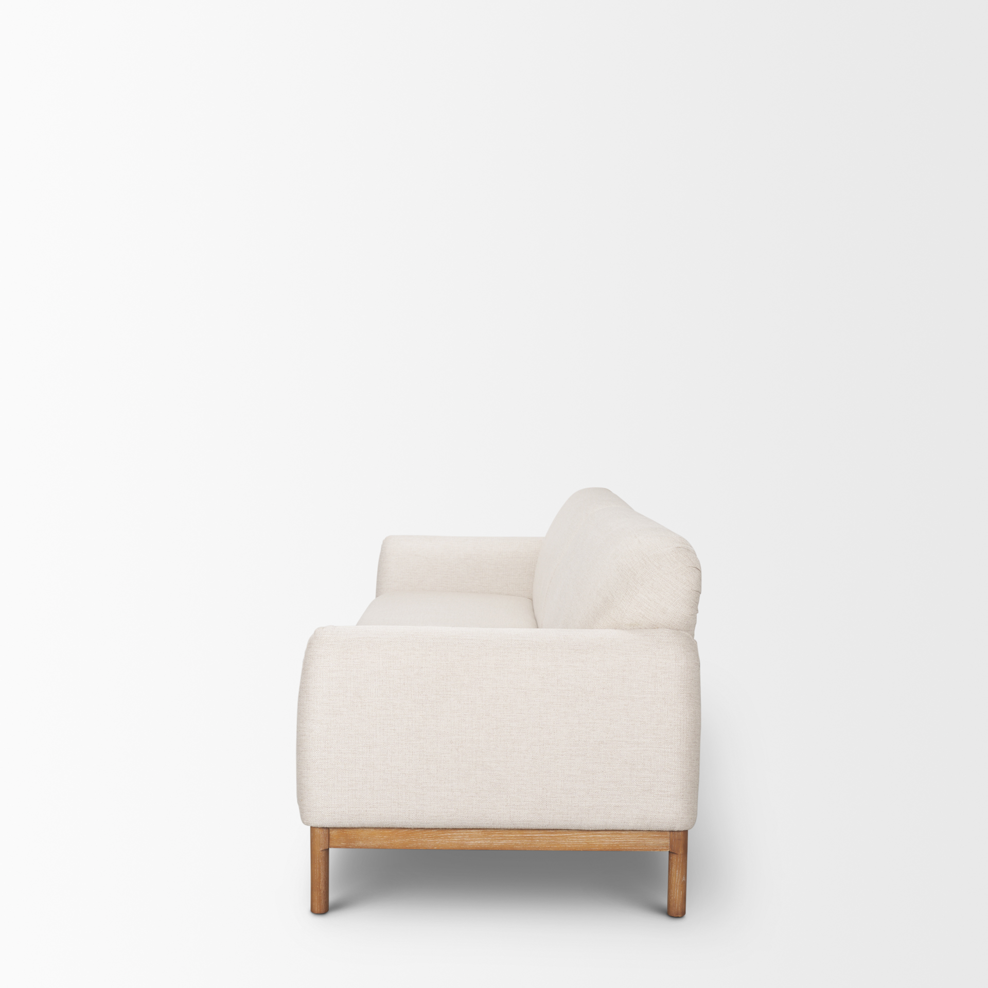 hale sofa w/ medium brown wood and oatmeal fabric