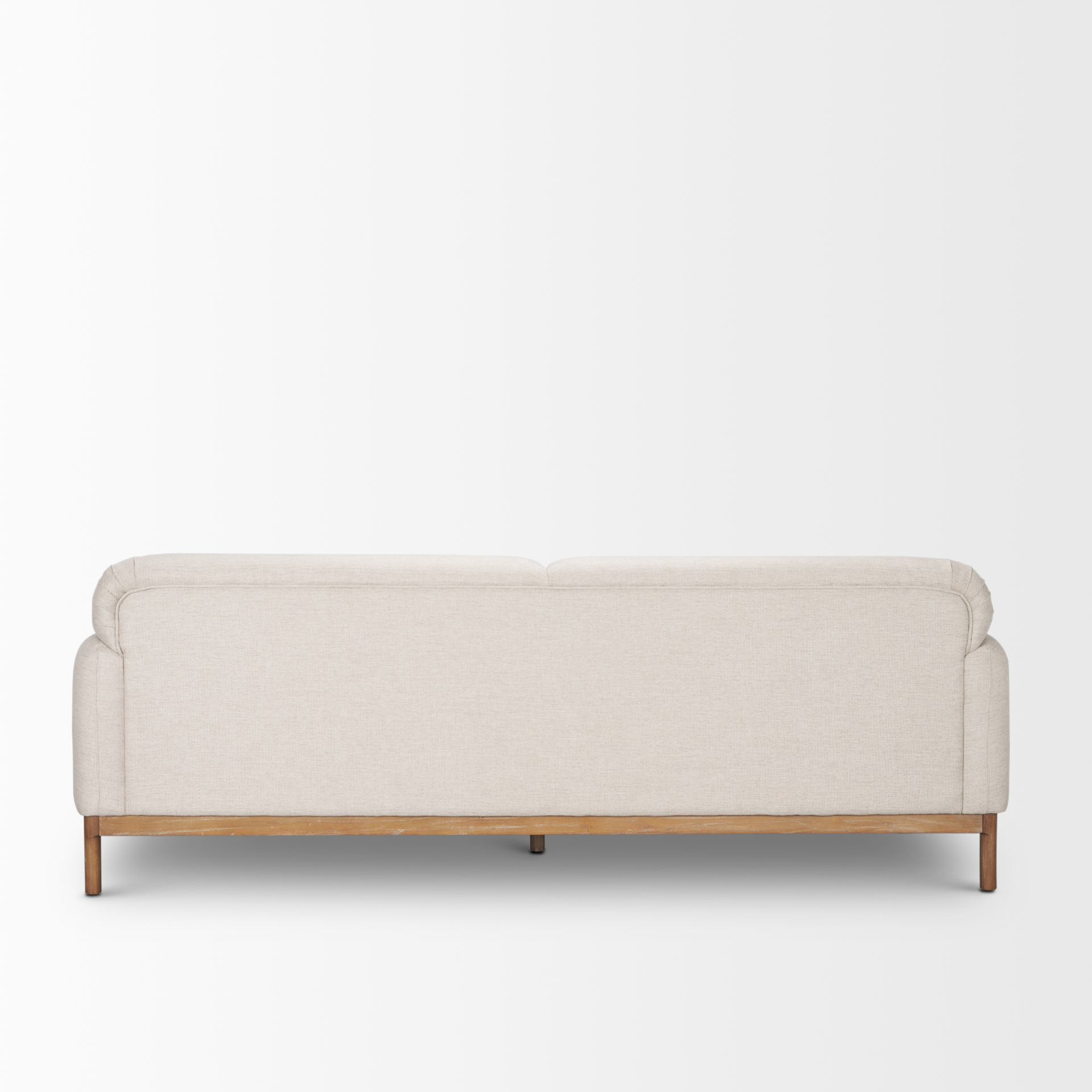 hale sofa w/ medium brown wood and oatmeal fabric