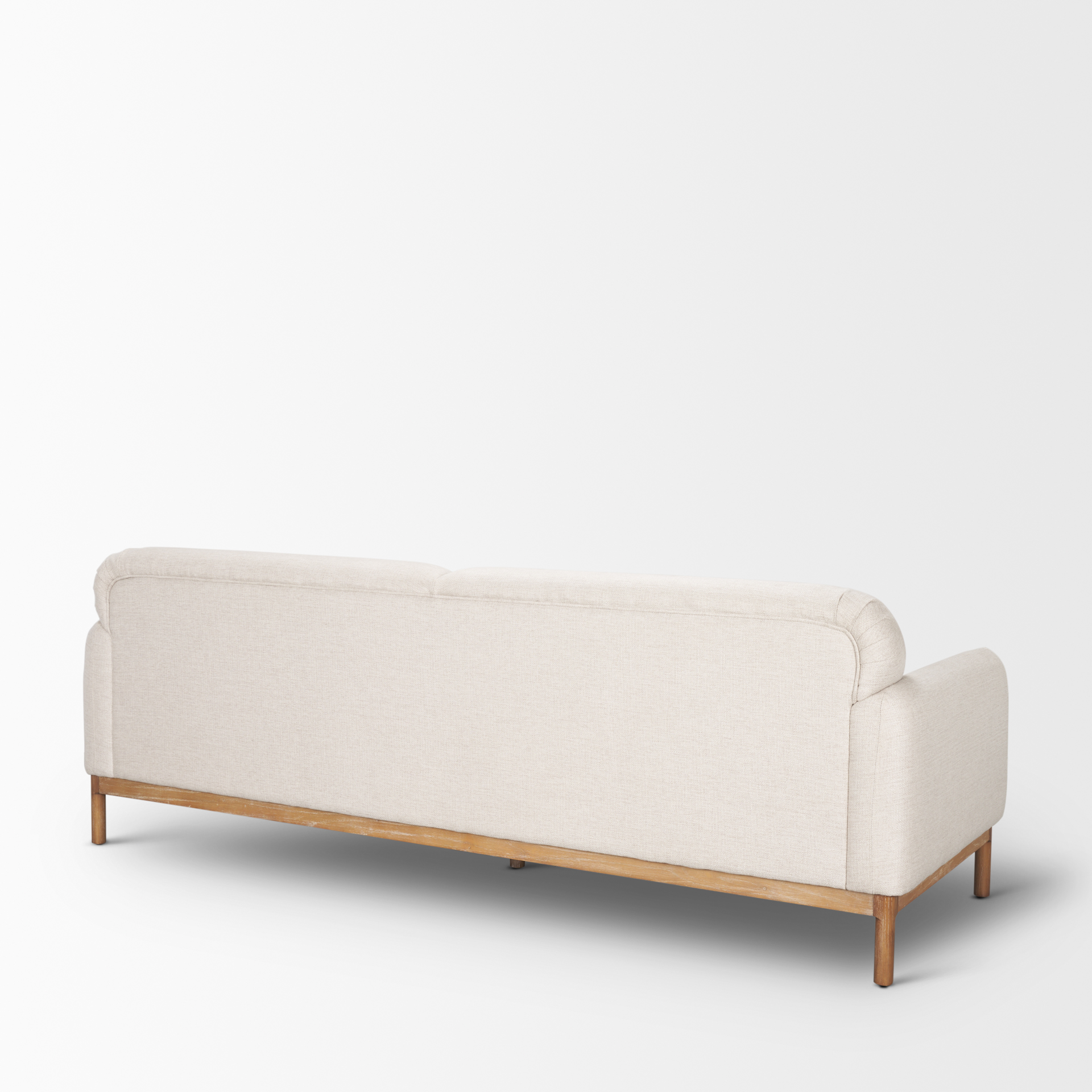 hale sofa w/ medium brown wood and oatmeal fabric