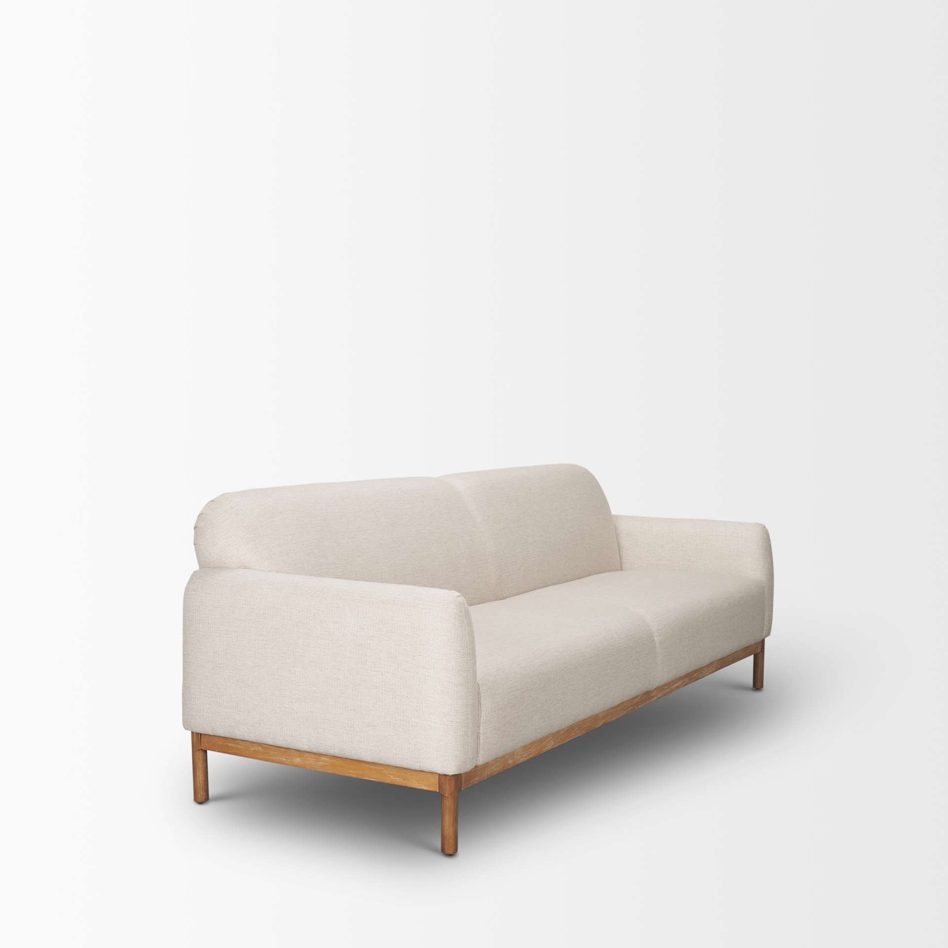 hale sofa w/ medium brown wood and oatmeal fabric