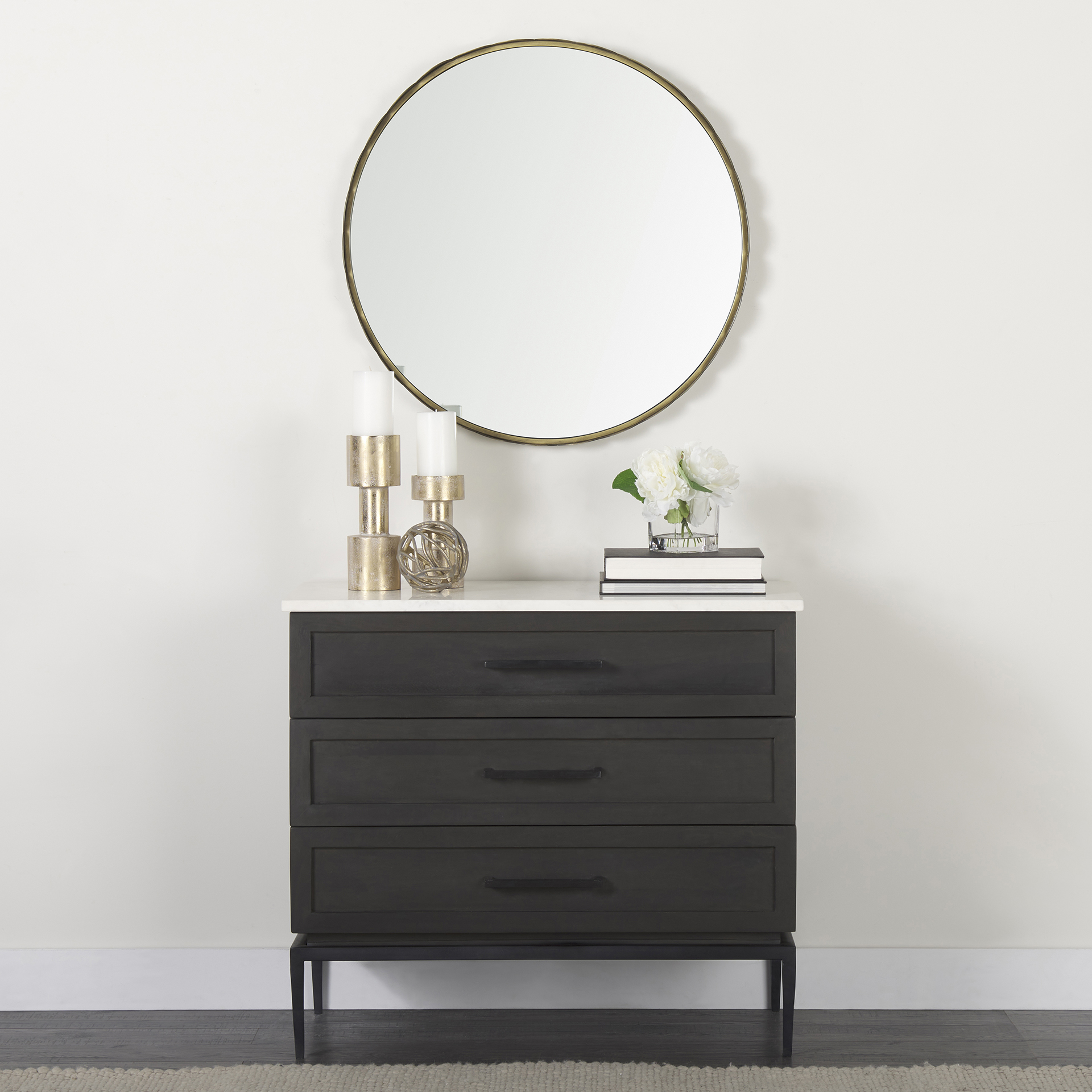 divina black-brown wood w/ white marble top and black metal base accent cabinet