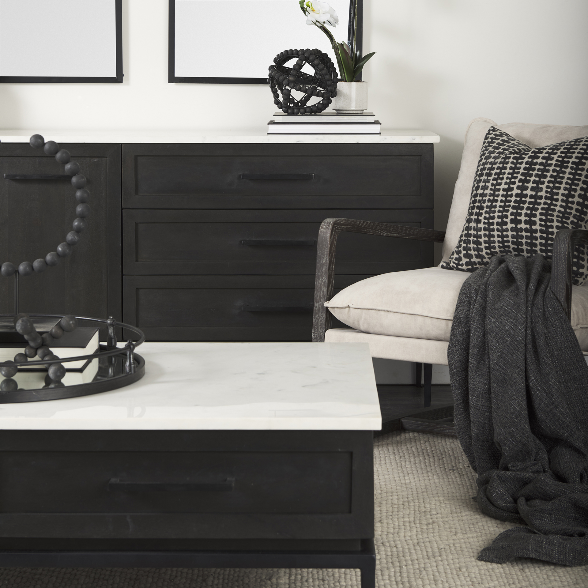 divina black-brown wood w/ white marble top and black metal base sideboard