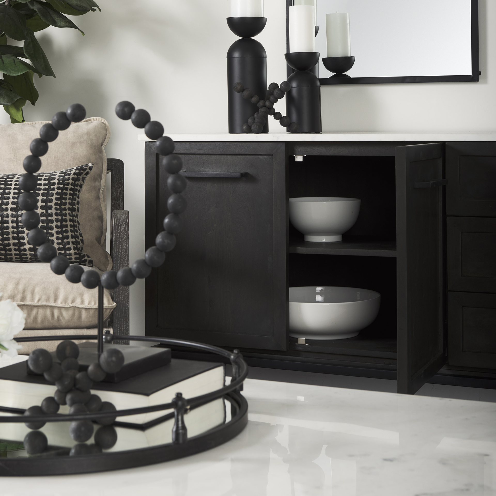 divina black-brown wood w/ white marble top and black metal base sideboard