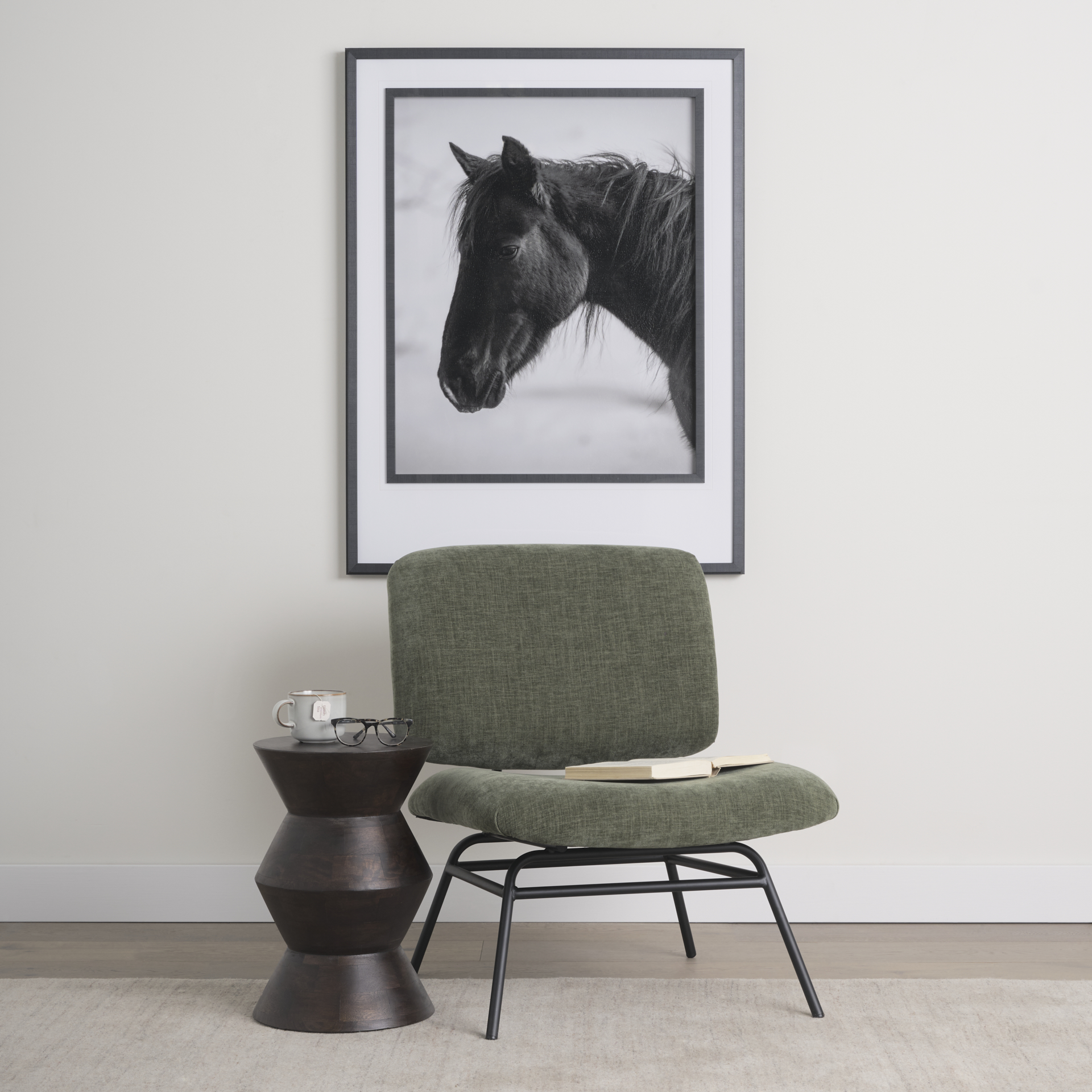 nora forest green fabric w/ matte black metal legs accent chair