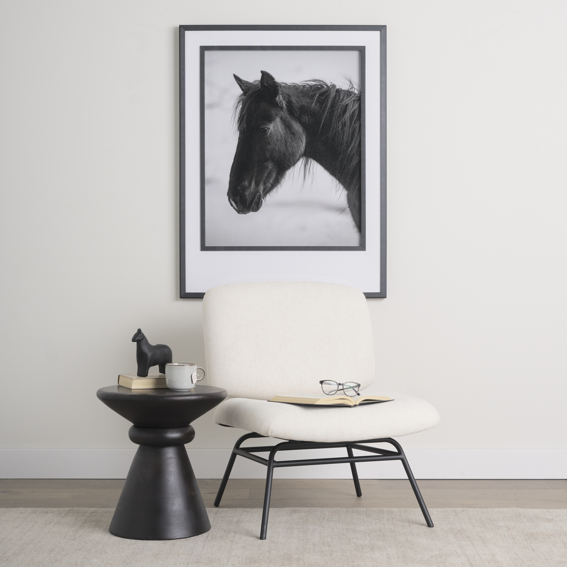 nora cream fabric w/ matte black metal legs accent chair
