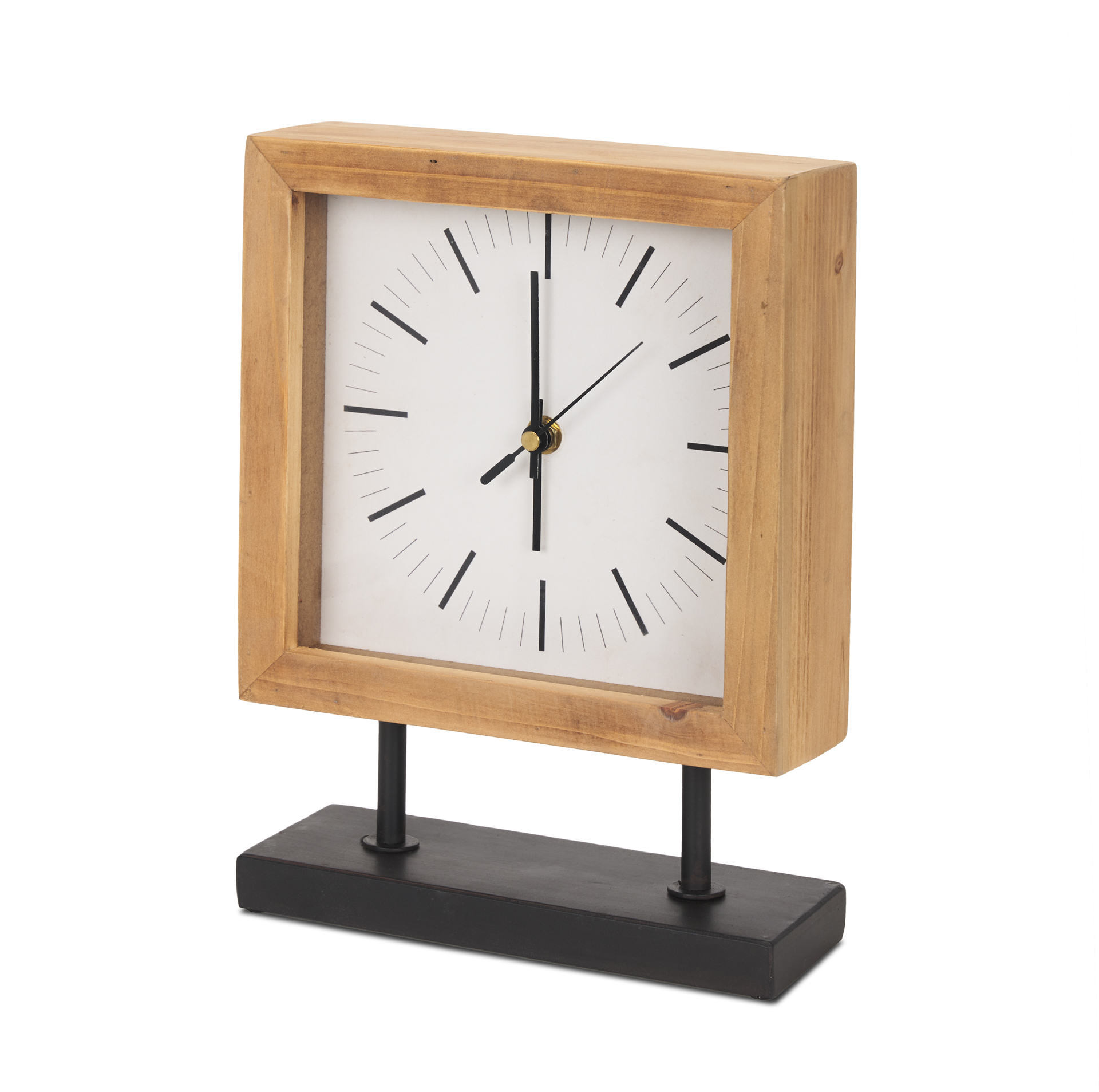 renaya light brown wood w/ matte black metal base table clock