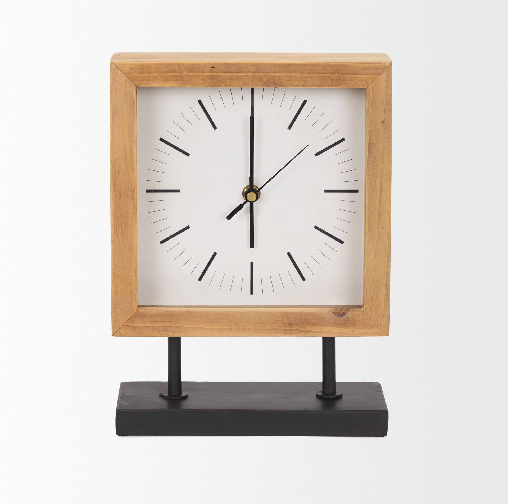 renaya light brown wood w/ matte black metal base table clock