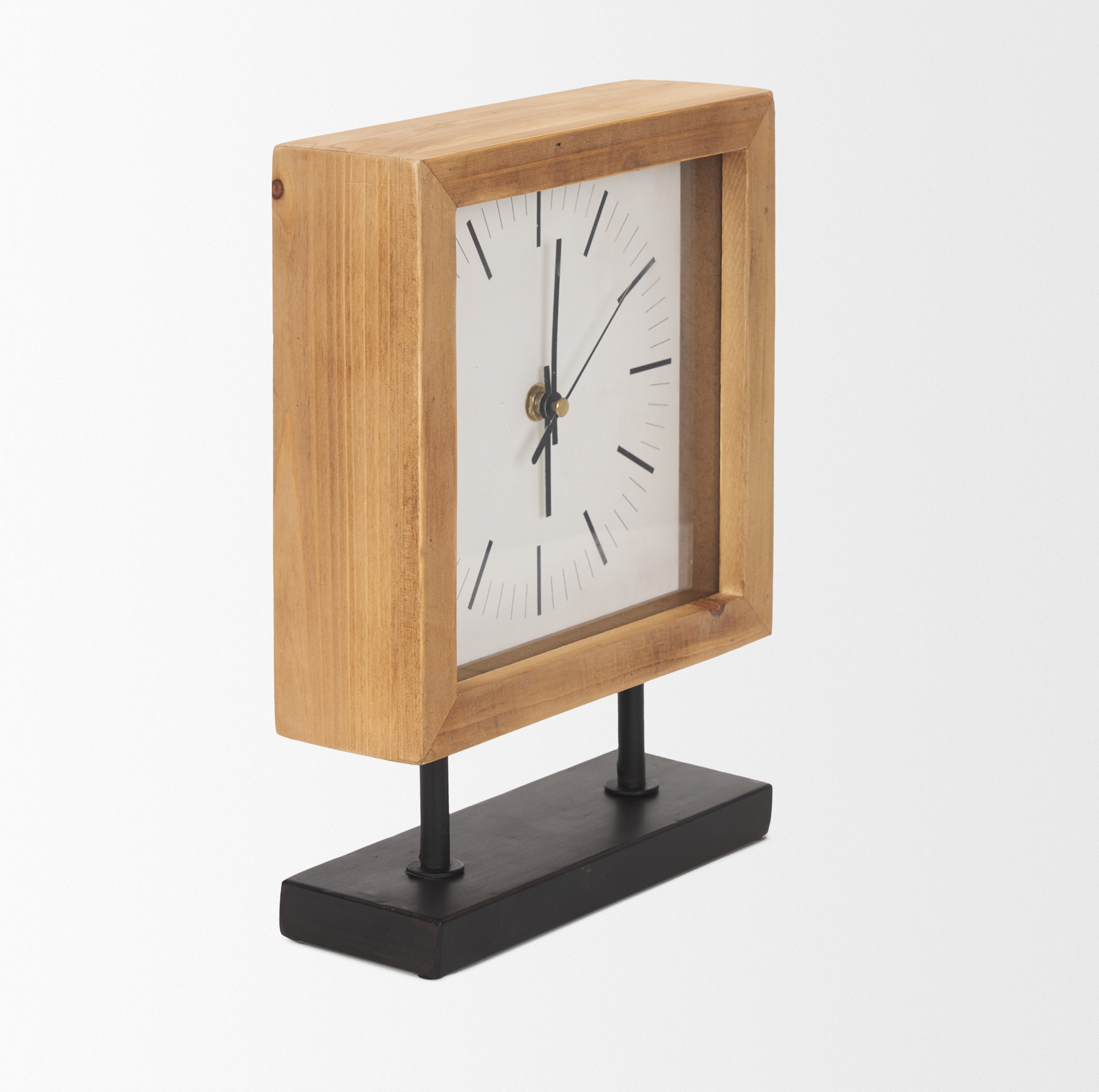 renaya light brown wood w/ matte black metal base table clock