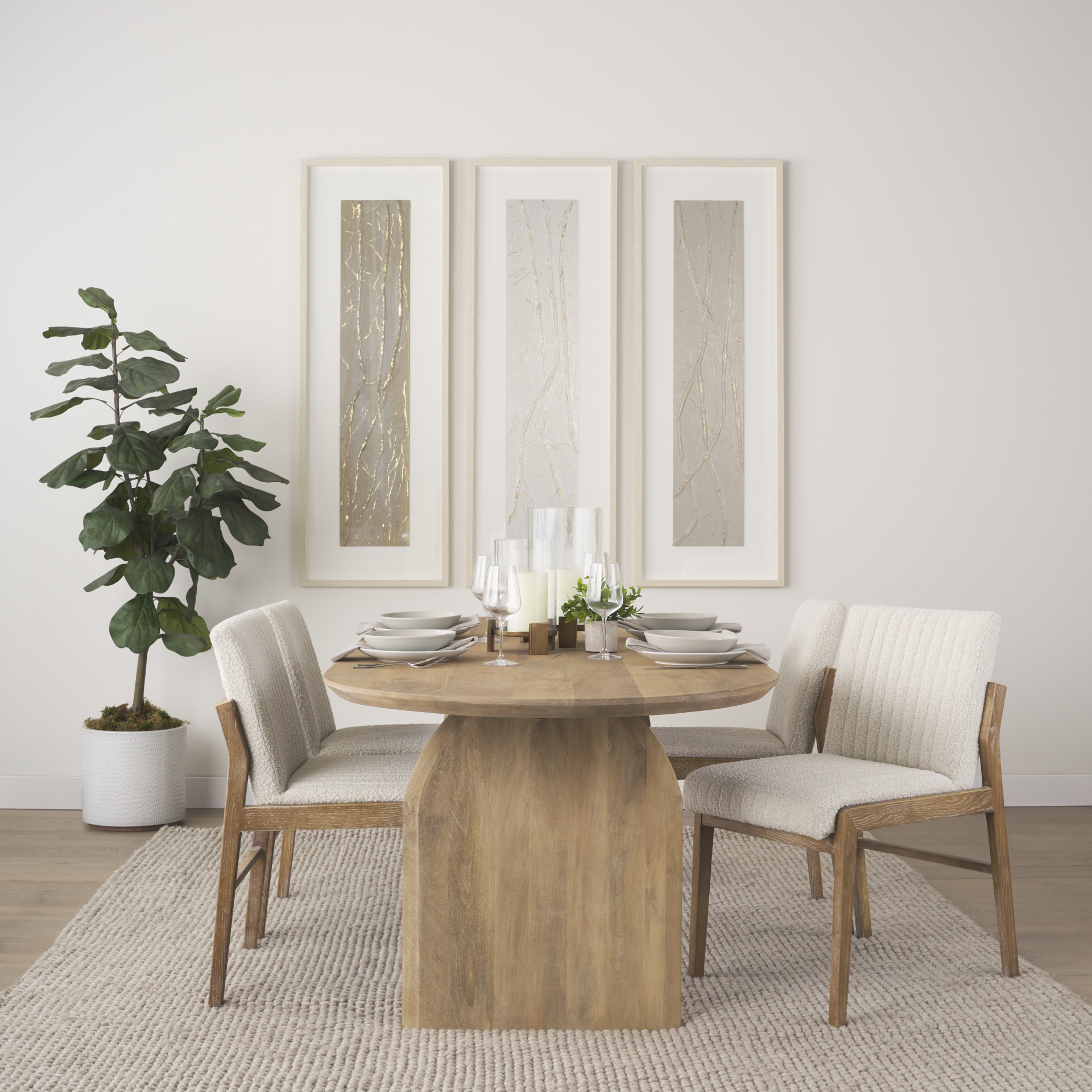tahoe cream boucle upholstered and light brown wood armless dining chair