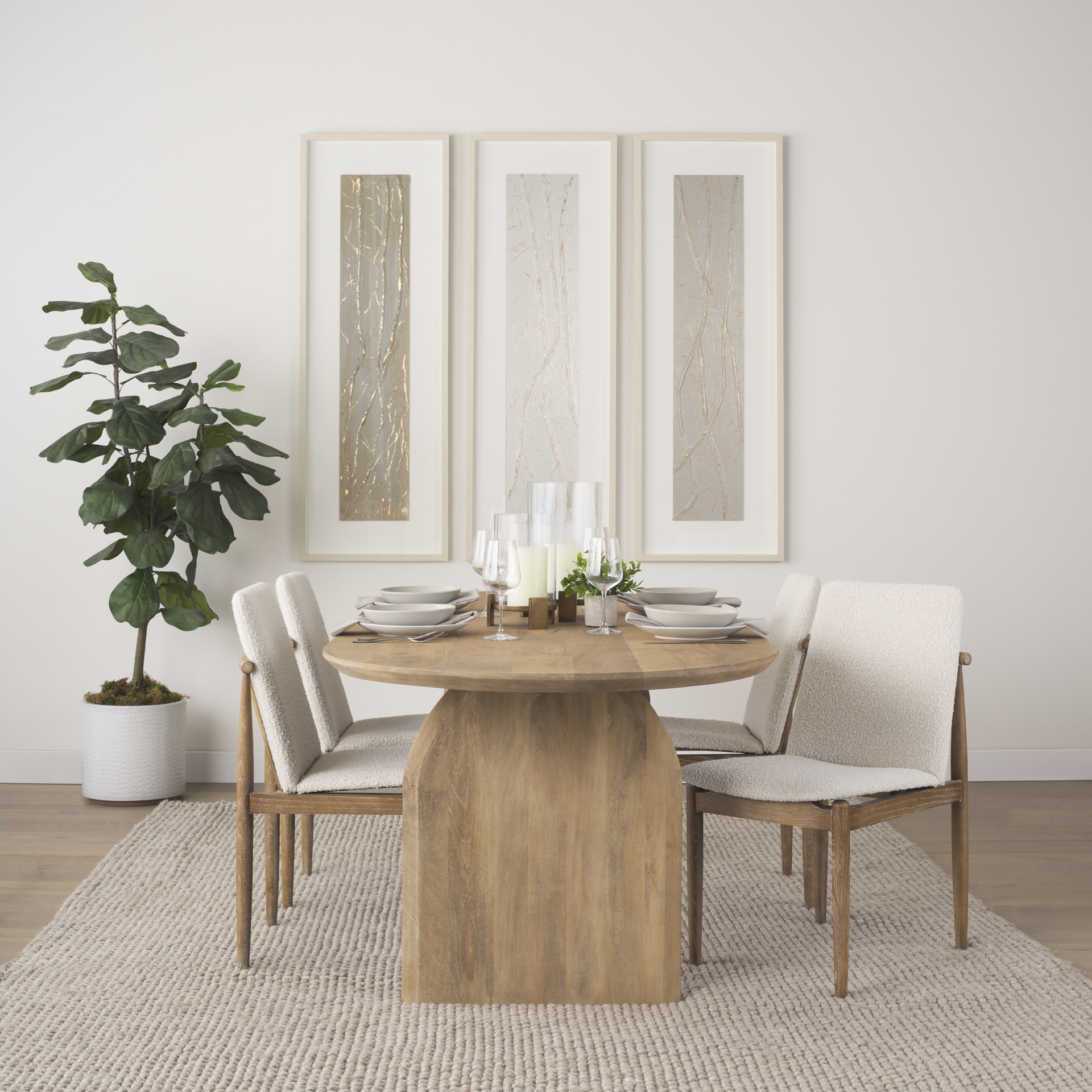 cavett cream boucle upholstered seat w/light brown wood frame dining chair