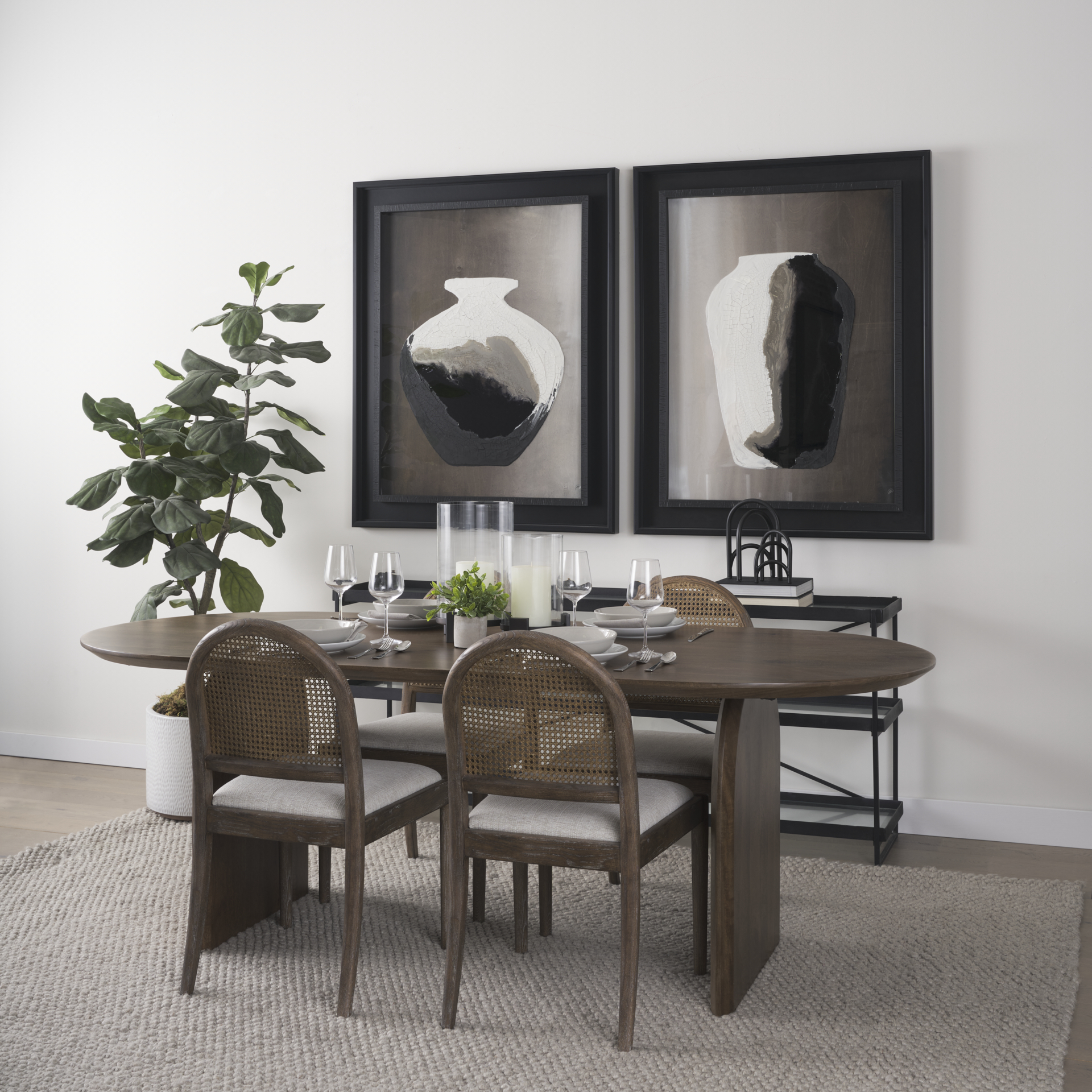 isla oval dining table w/dark brown wood top & arched legs