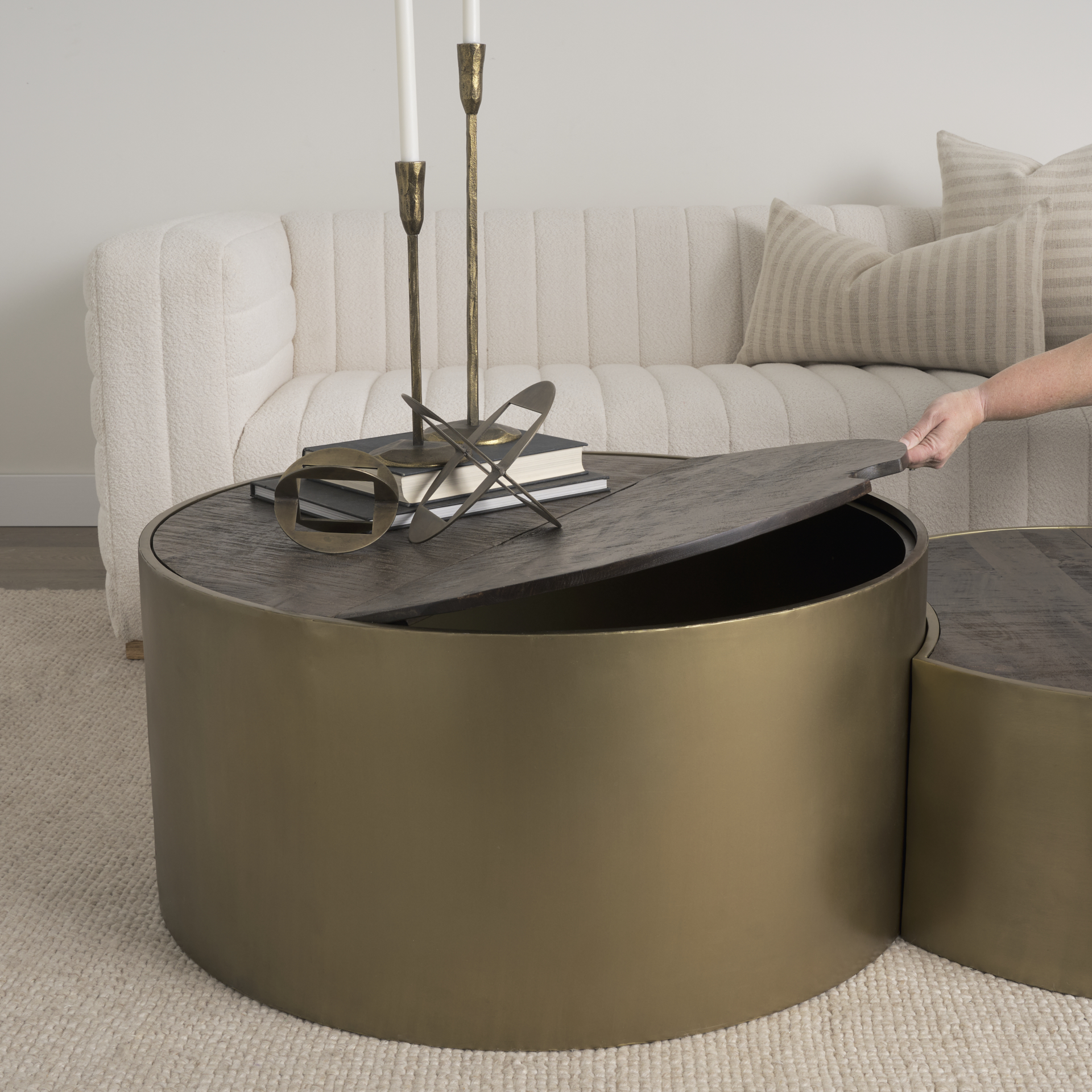 eclipse antique brass metal drum base w/ dark brown wood top nested coffee table
