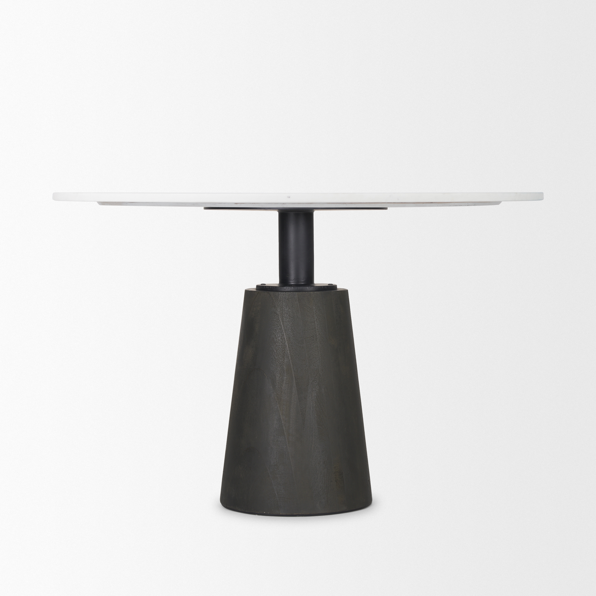 maxwell 48l x 48w x 30h round white marble top w/ black metal and wood pedestal base dining table