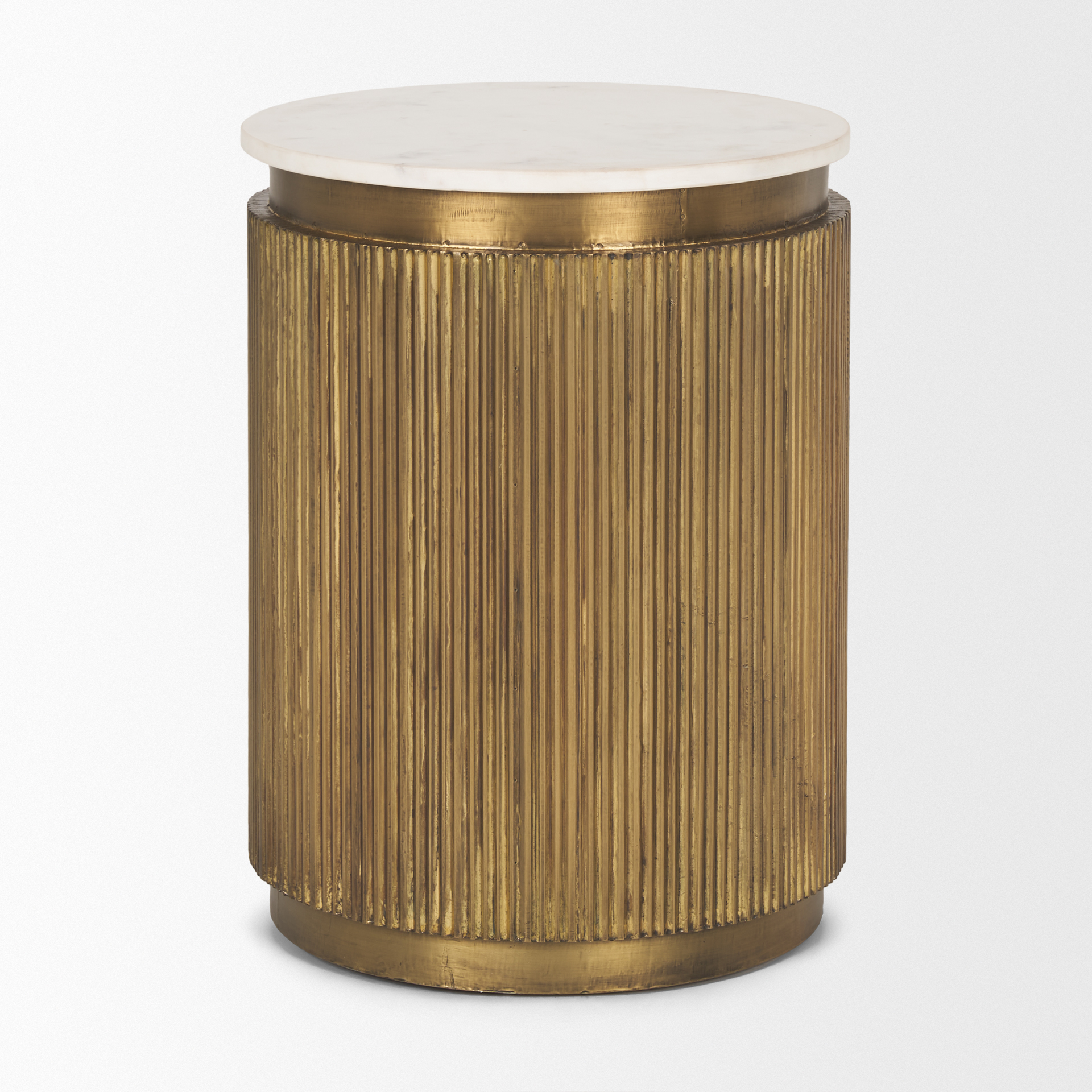 satima white marble w/ gold metal round fluted accent table