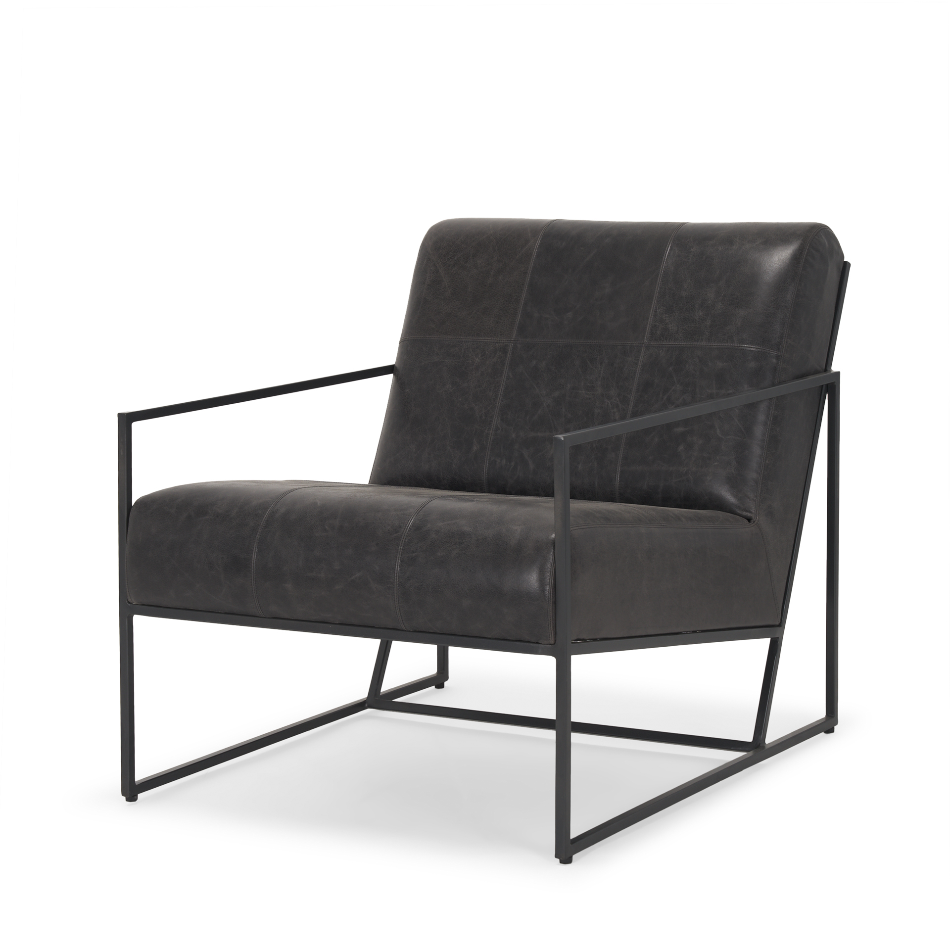 stratton gunmetal w/ genuine aged black leather upholstered accent chair