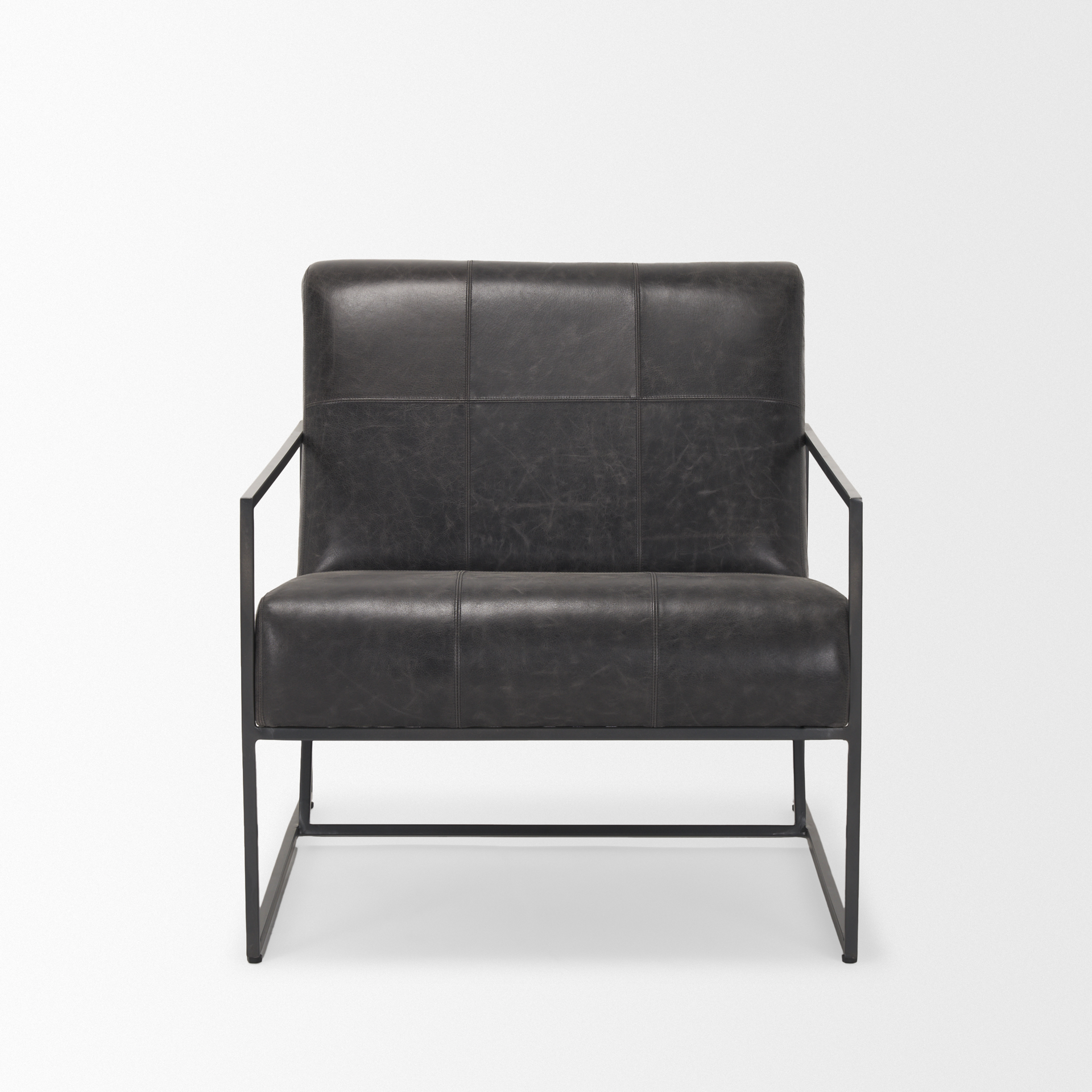 stratton gunmetal w/ genuine aged black leather upholstered accent chair