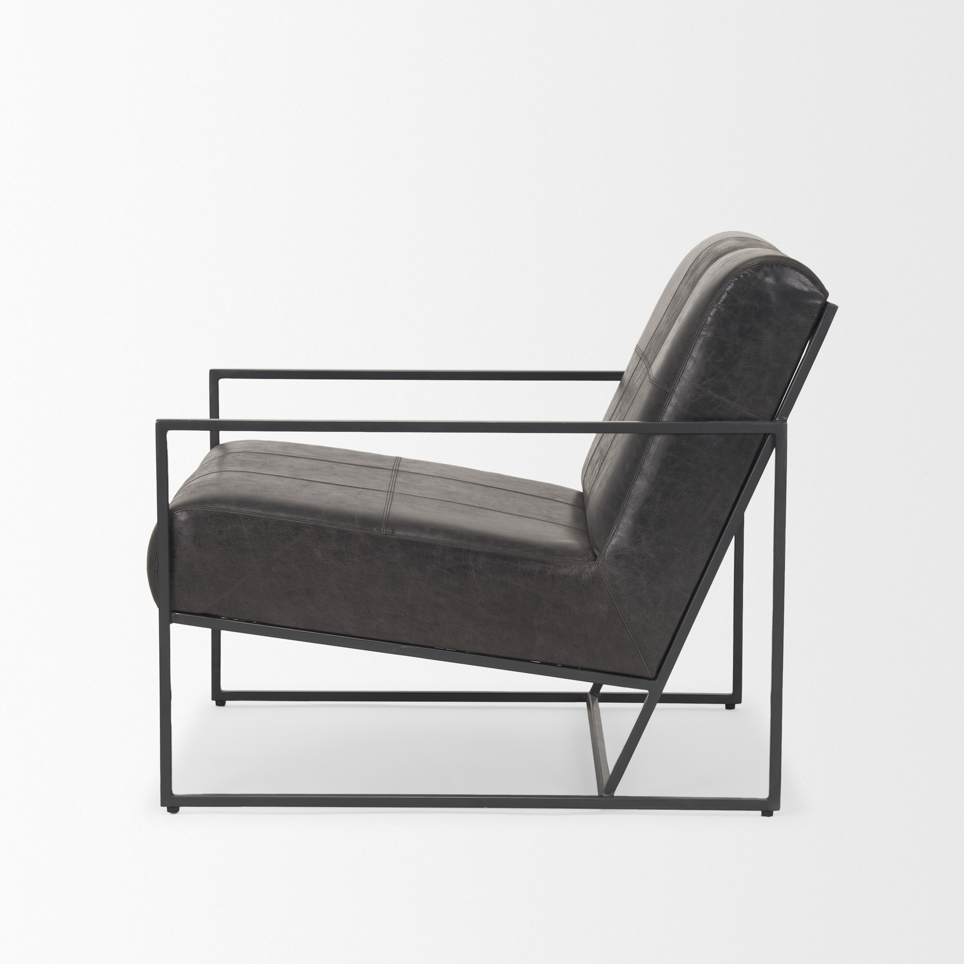 stratton gunmetal w/ genuine aged black leather upholstered accent chair