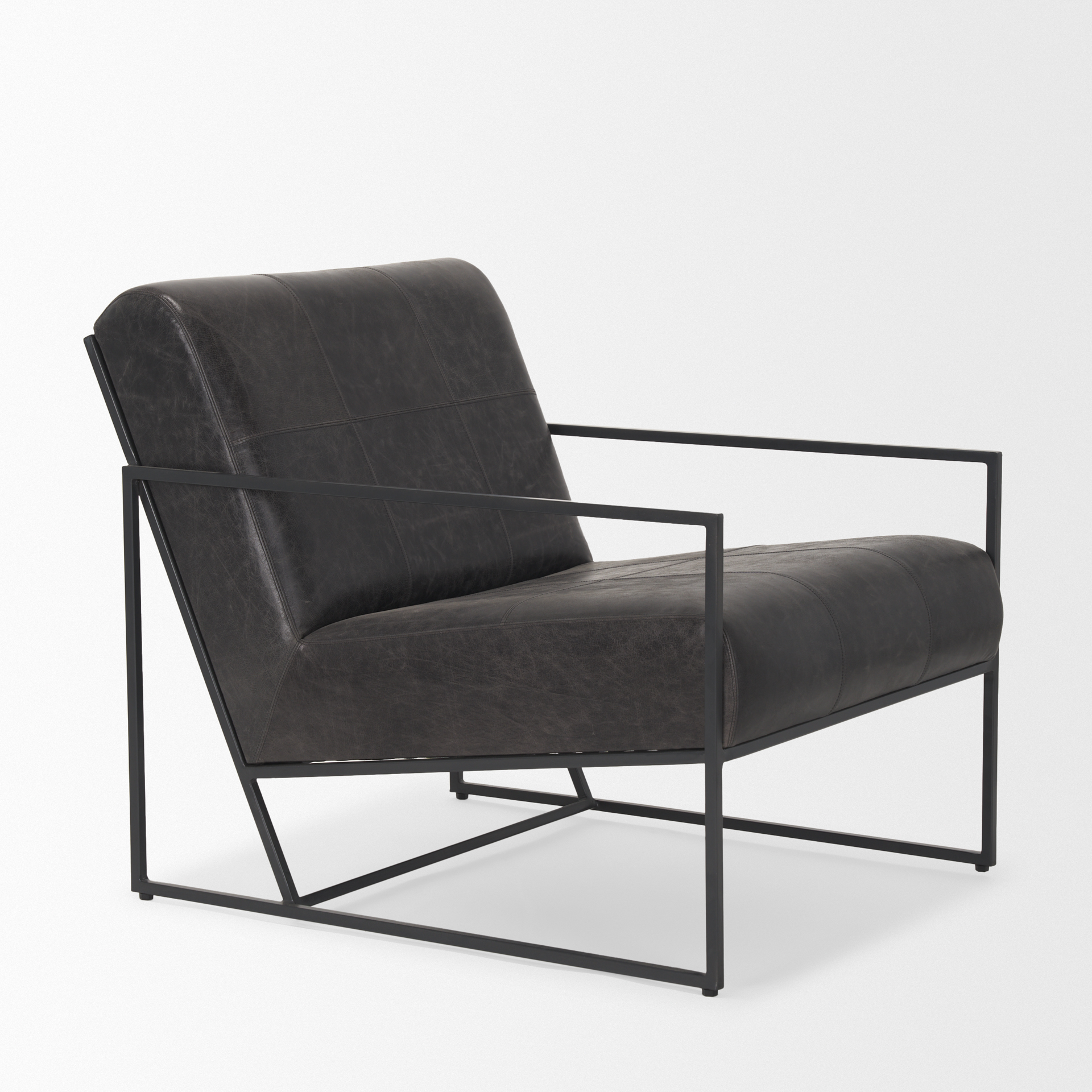 stratton gunmetal w/ genuine aged black leather upholstered accent chair