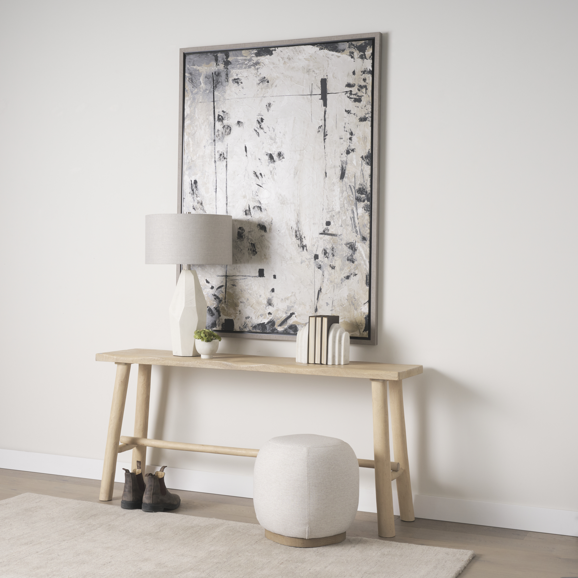siren cream fabric w/ light brown wood round accent stool