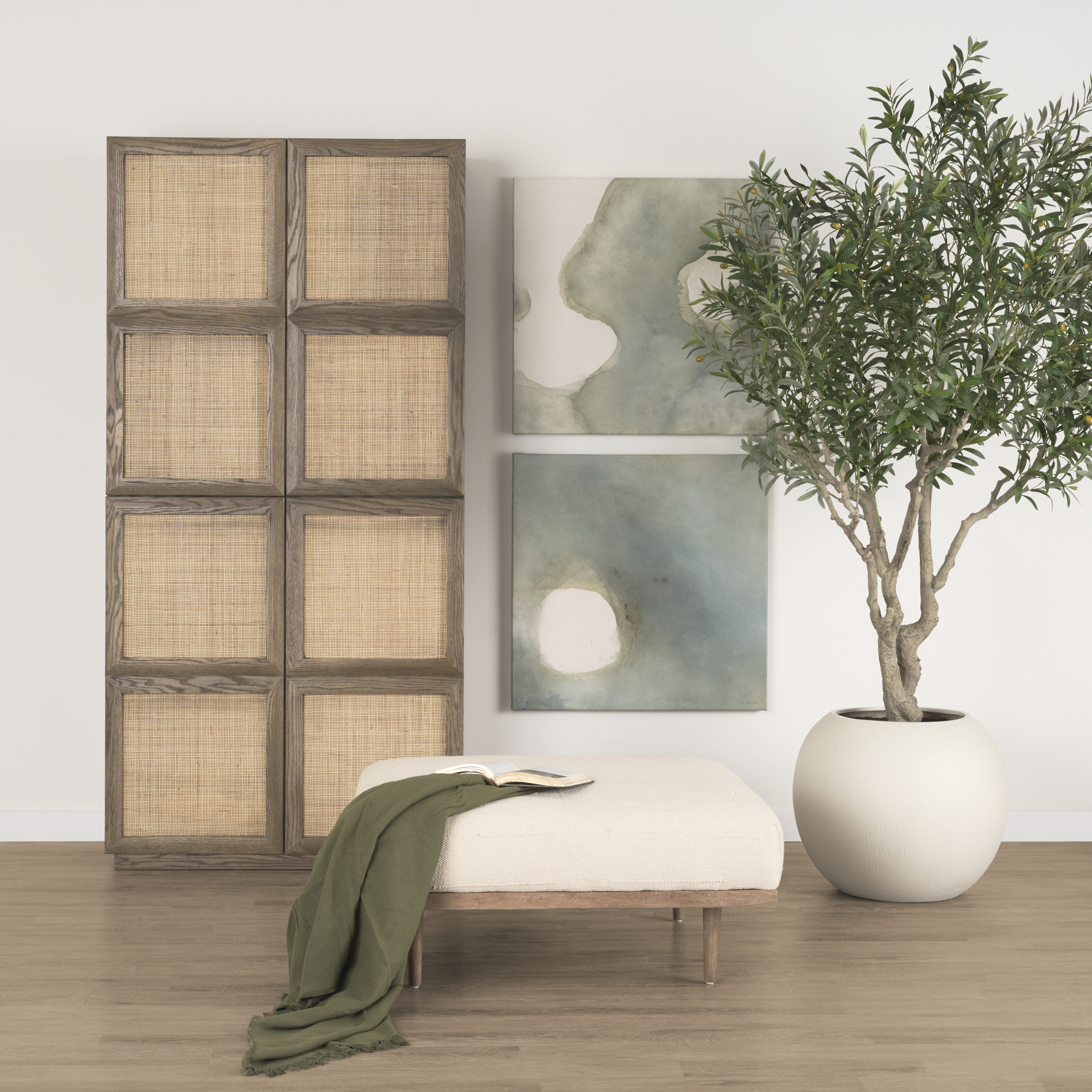 Shae Brown Wood w/ Oatmeal Fabric Ottoman