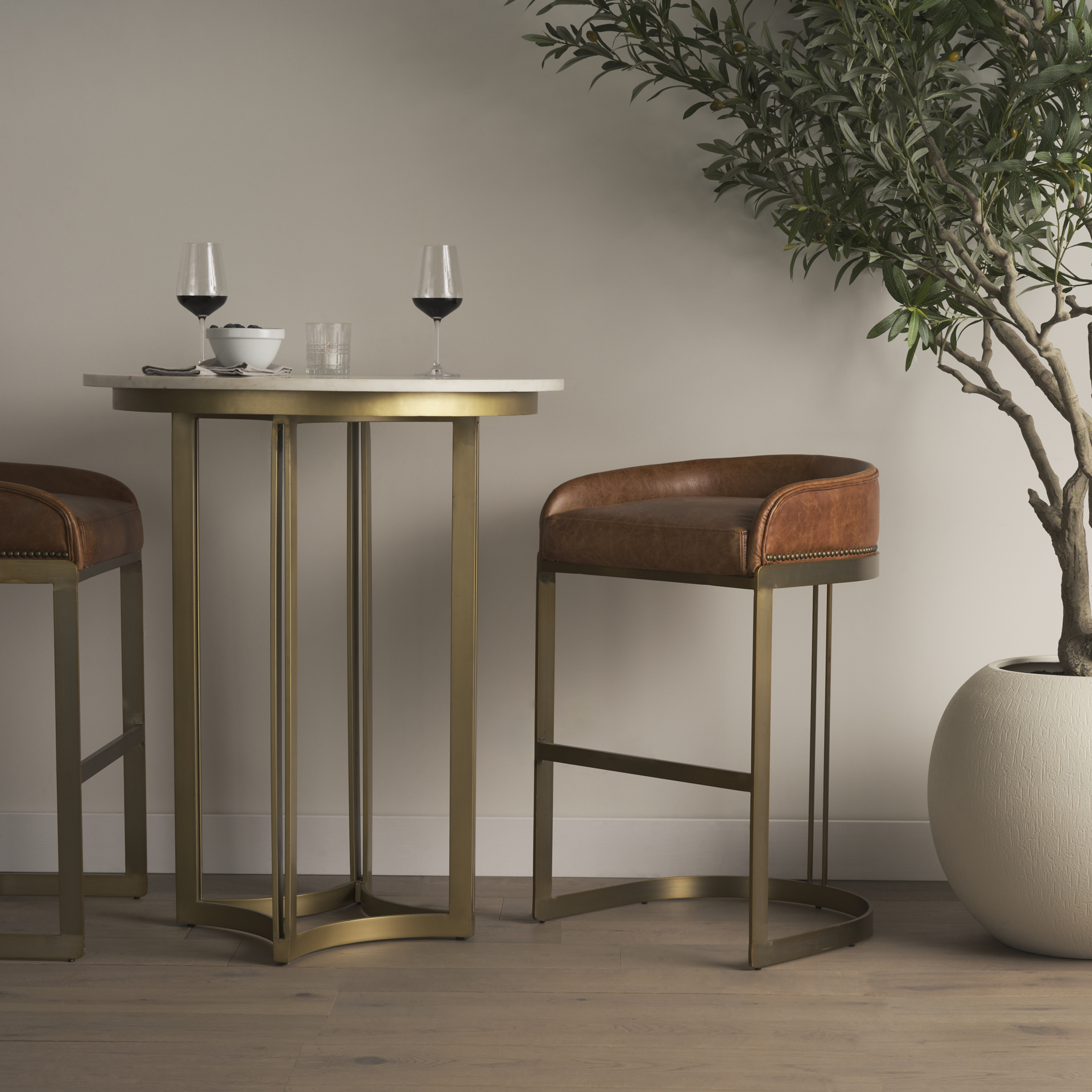hollyfield ii brown leather seat gold metal base bar stool