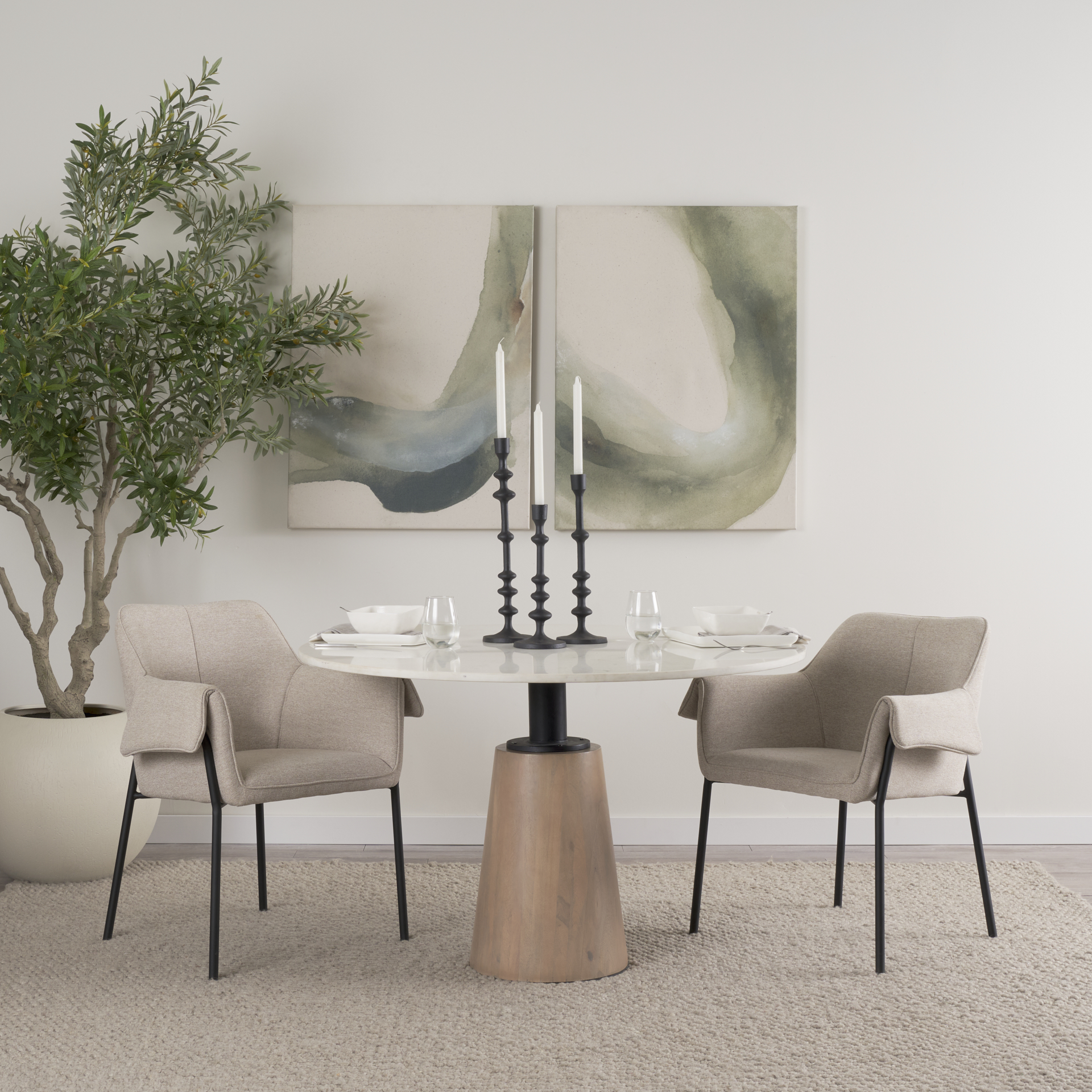 maxwell 48l x 48w x 30h white marble round top w/ black metal and wood pedestal base dining table