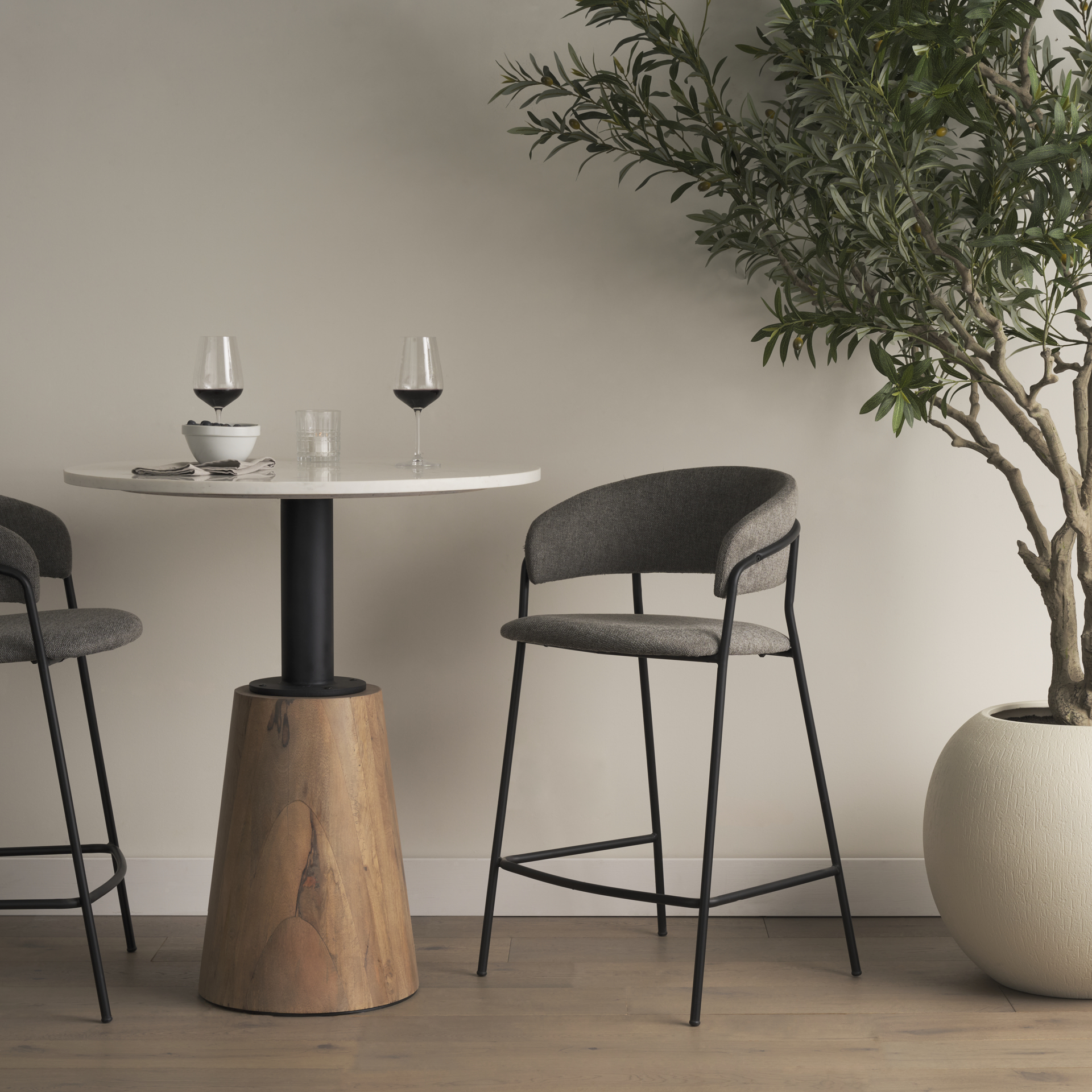 carolyn counter stool w/ gray fabric & matte black metal
