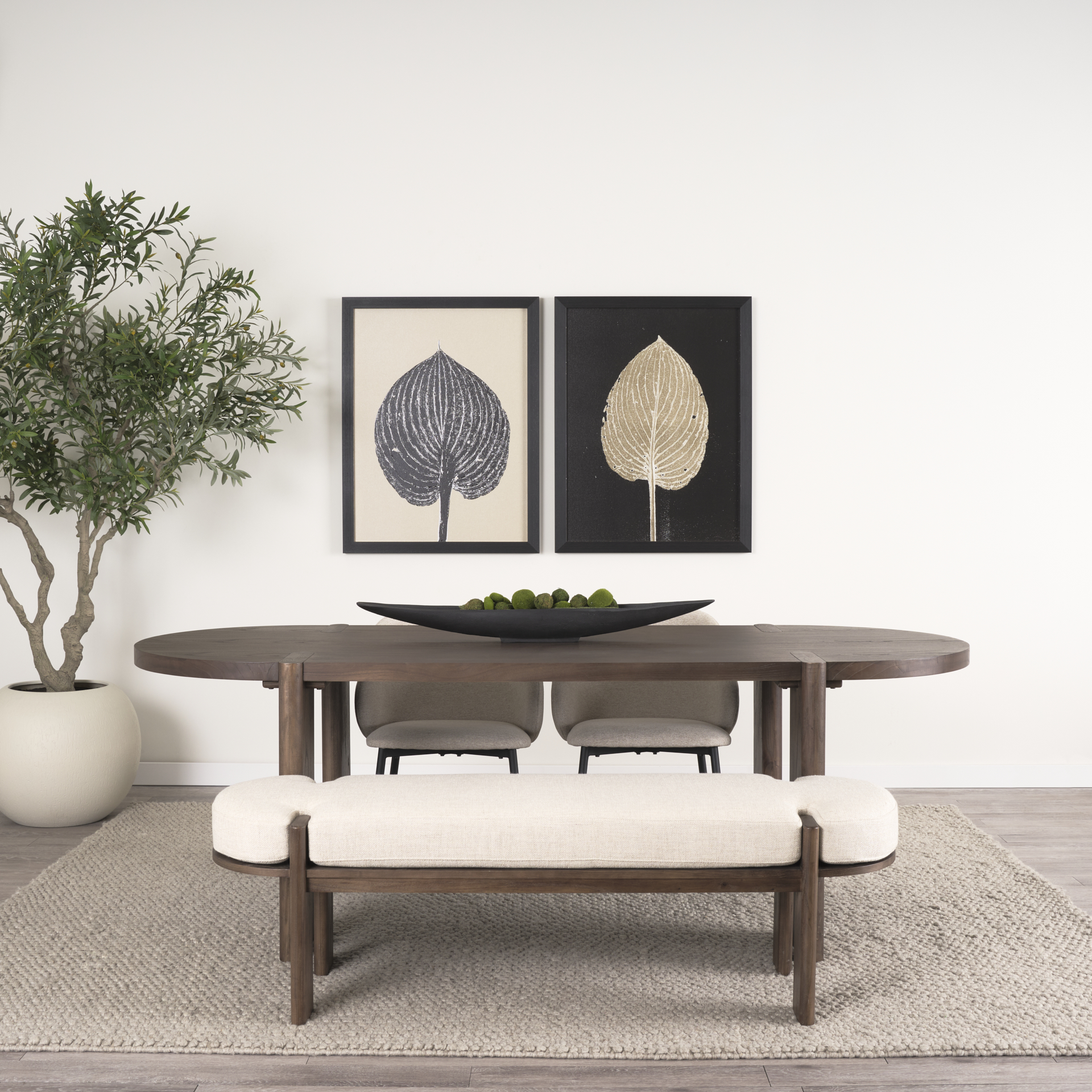 sohan dark elm wood w/ oatmeal fabric bench
