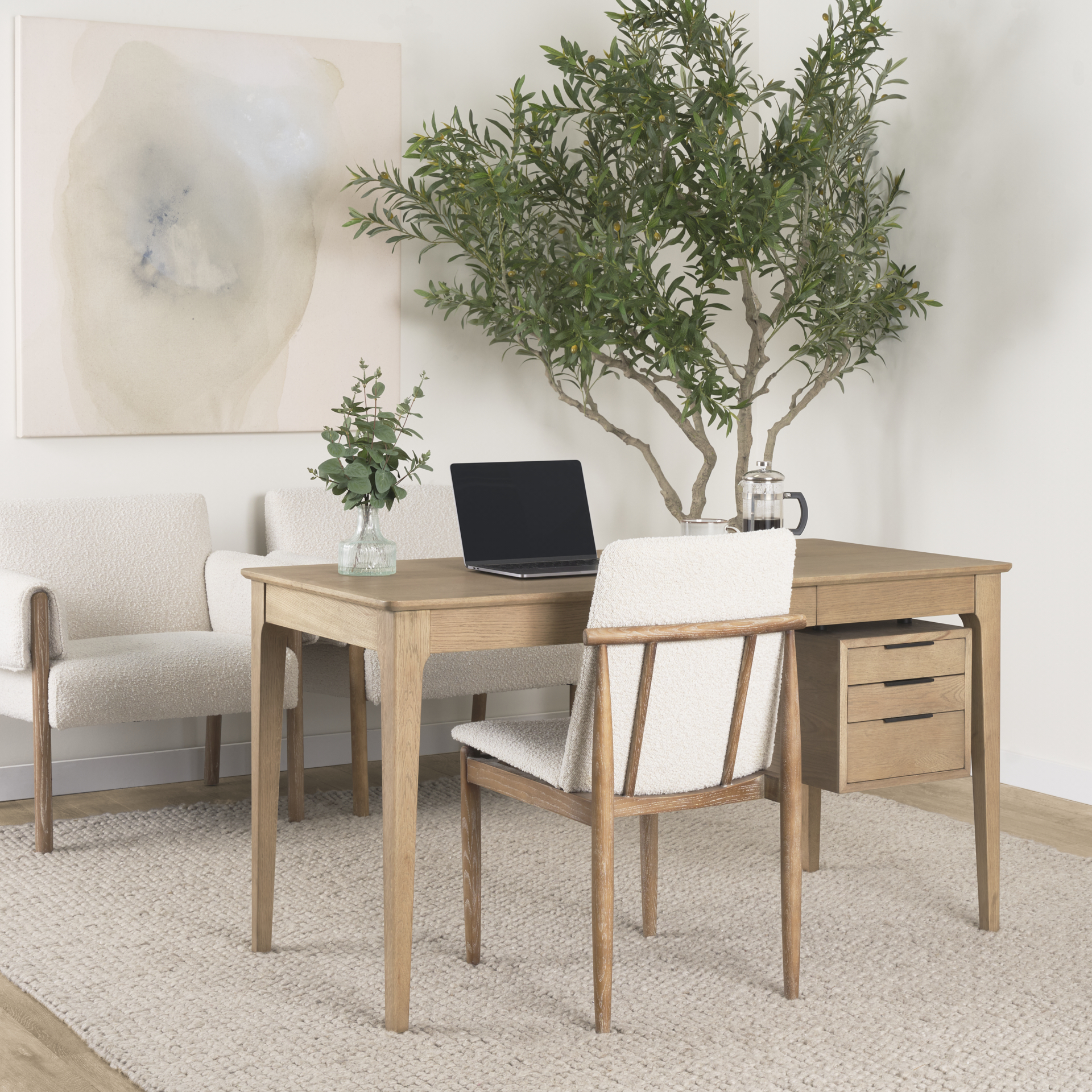 cavett cream boucle upholstered seat w/light brown wood frame dining chair