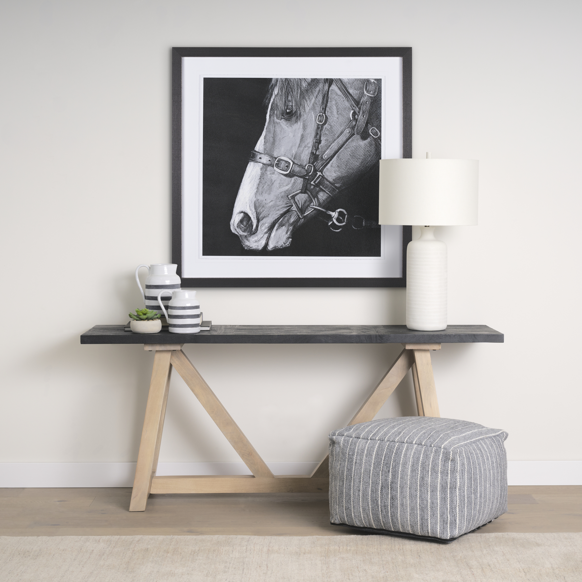 rialto two-toned black and brown wood angular leg console table